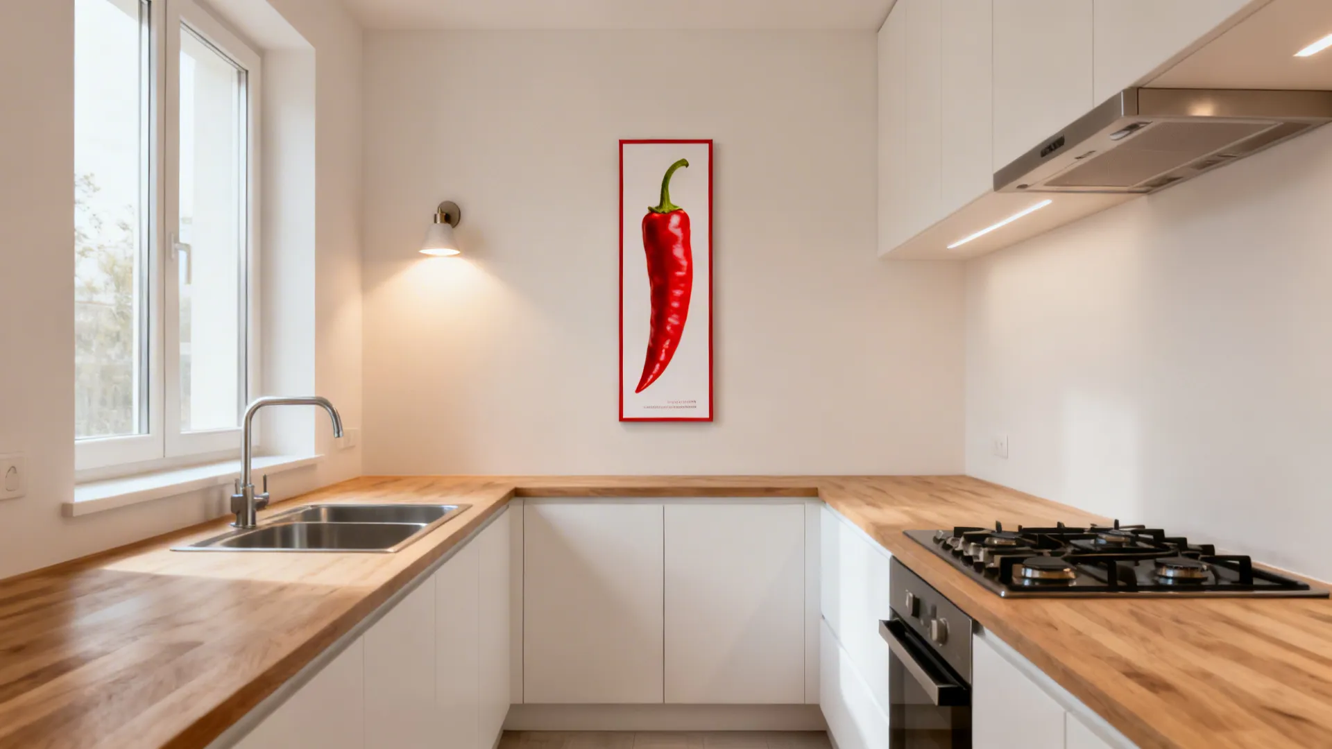 Small L-shaped kitchen with a slim vertical chili poster on the return wall.