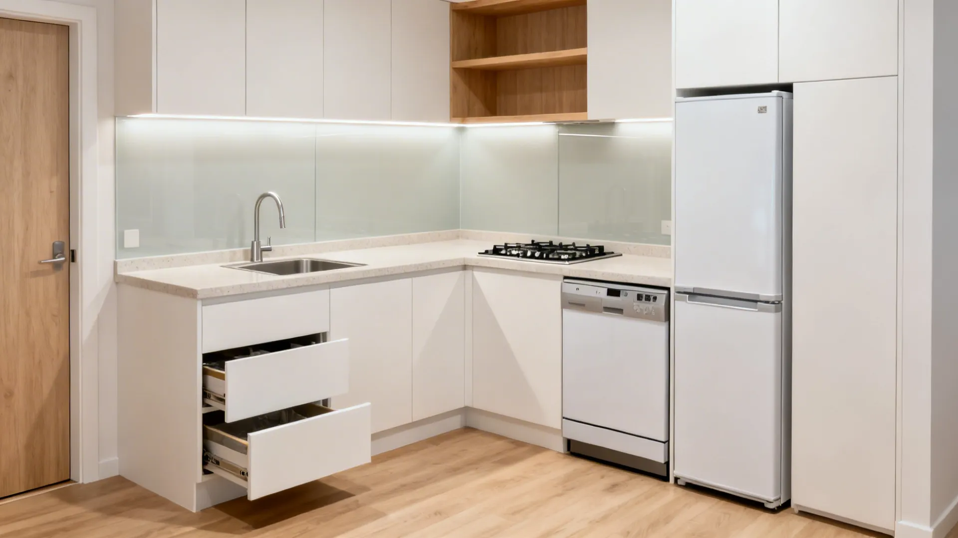Compact L-shaped 6x6 kitchen with continuous counter, clearances, and compact appliances.