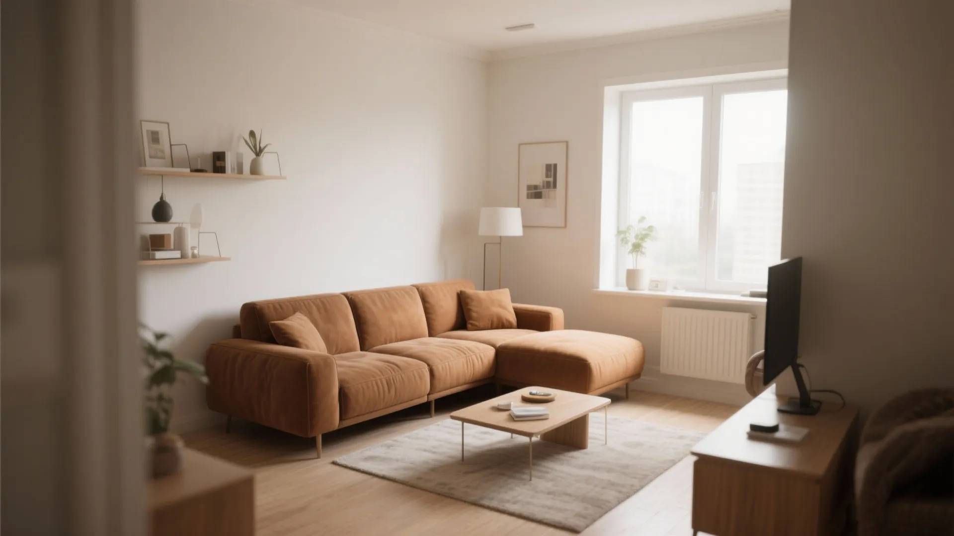 Minimalist living room with brown fabric sofa wooden coffee table small rug and wall shelves