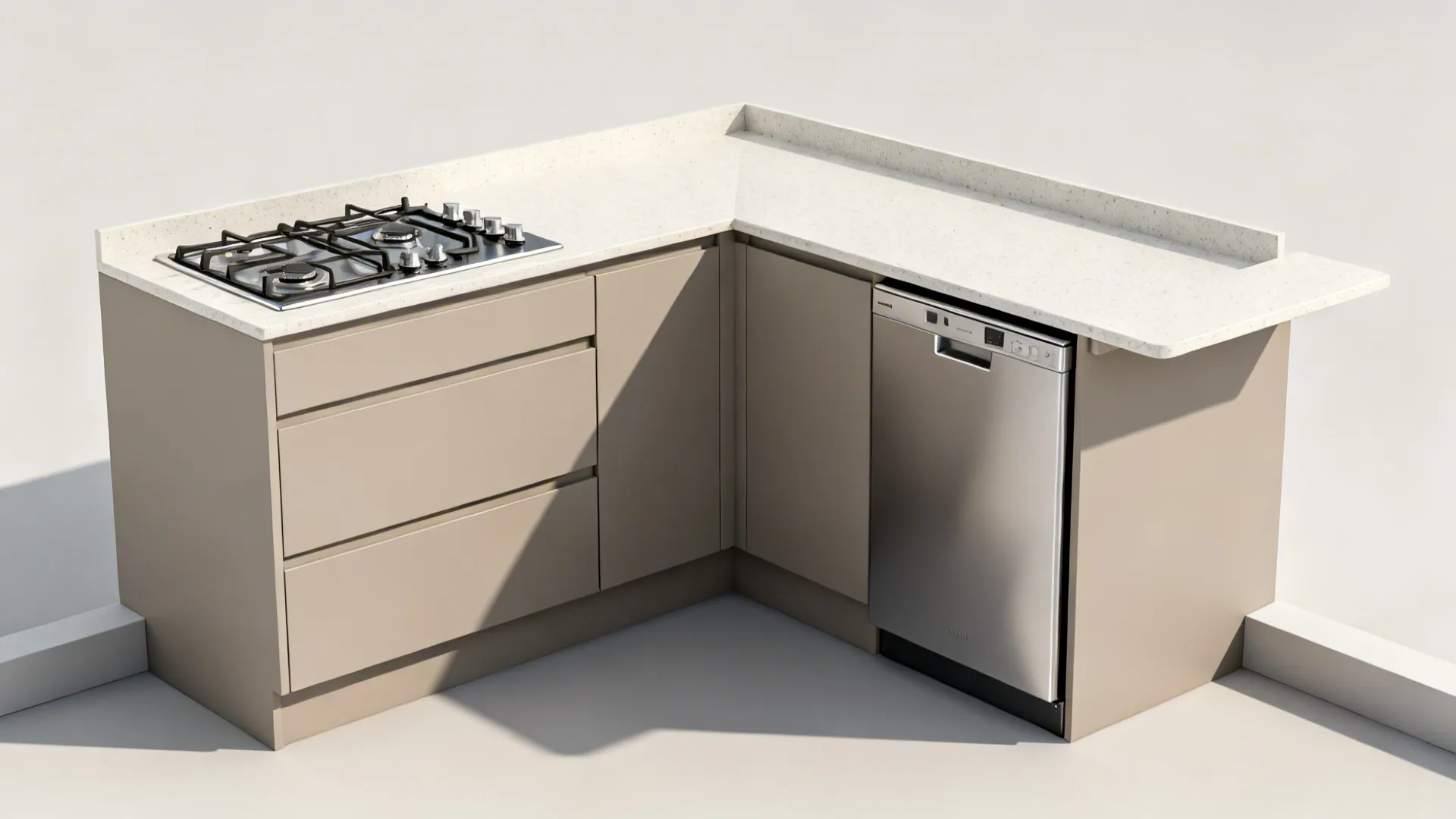 Compact L-shaped kitchen with slim appliances and clear landing space on each leg.