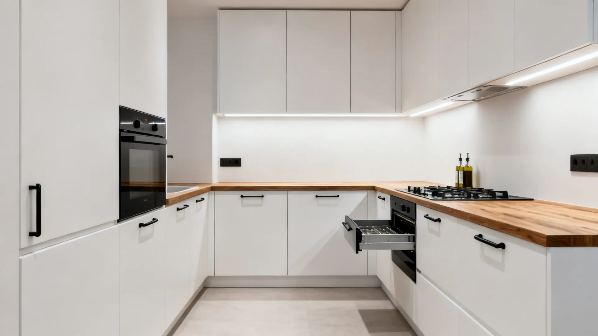 Compact L-shaped kitchen with clear aisle, long prep span, and corner pull-out.