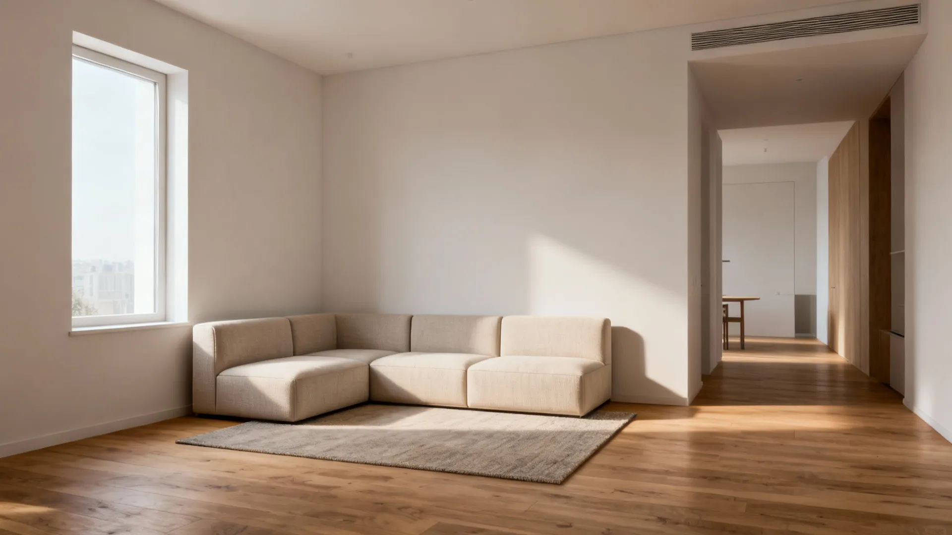 L-shaped modular sofa tucked into a corner of an open-plan studio