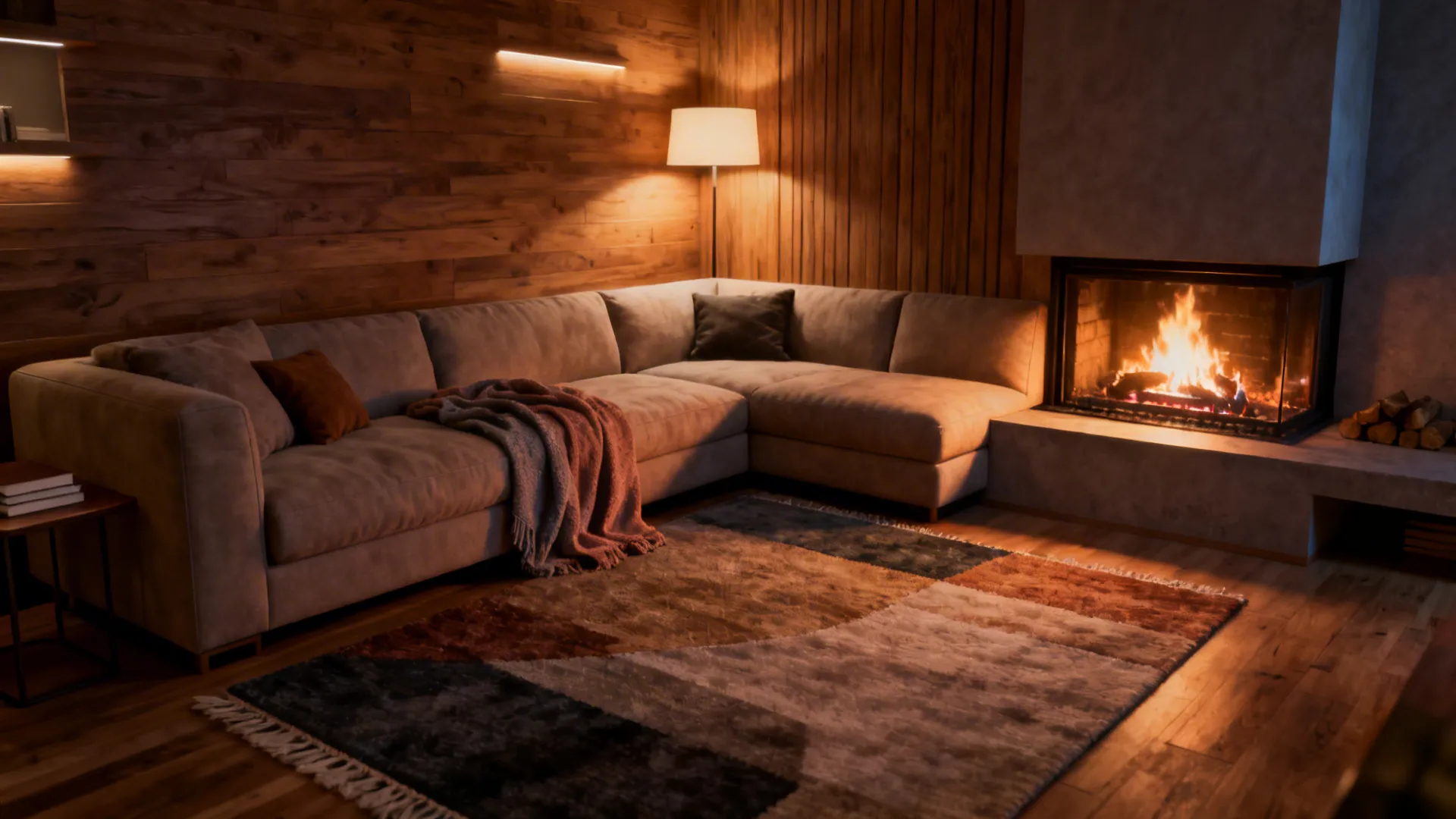 2. L-shaped Sofa Anchoring a Corner Fireplace