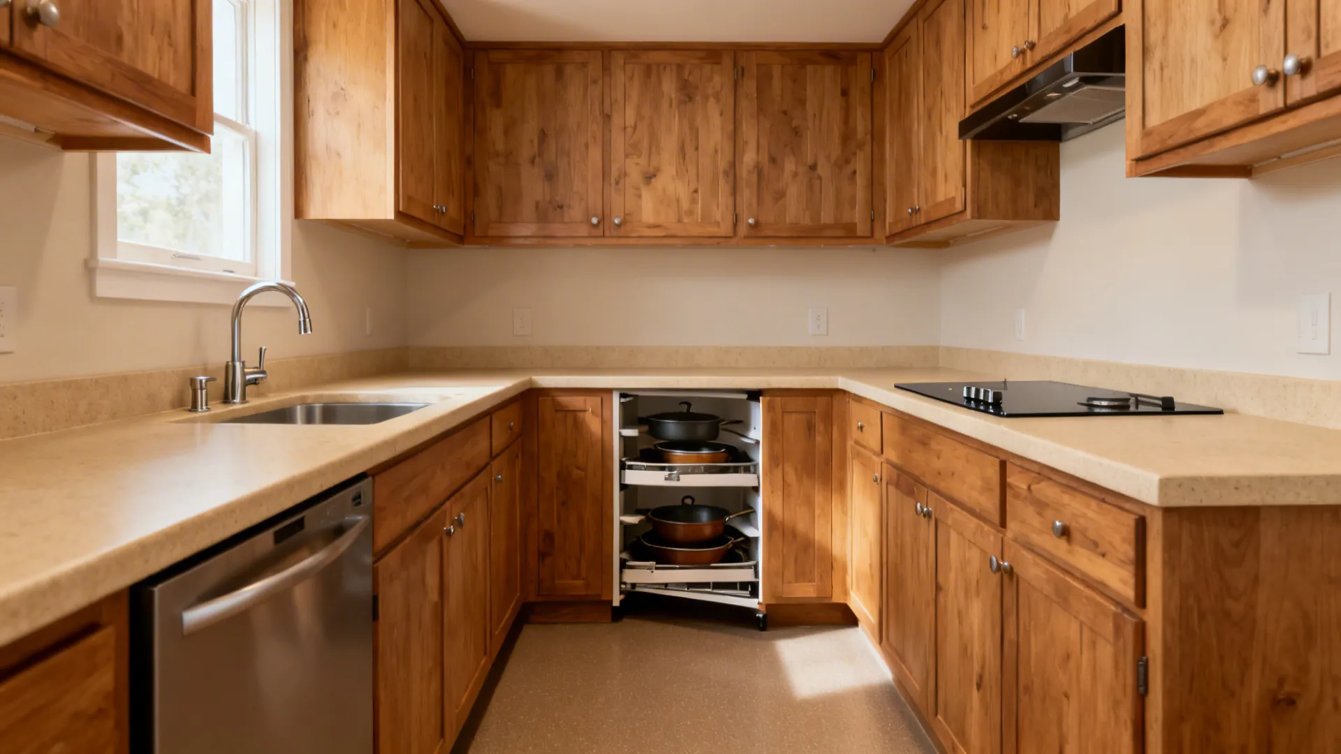 L-shaped kitchen with a pull-out corner carousel extended for easy mid-height access to cookware.