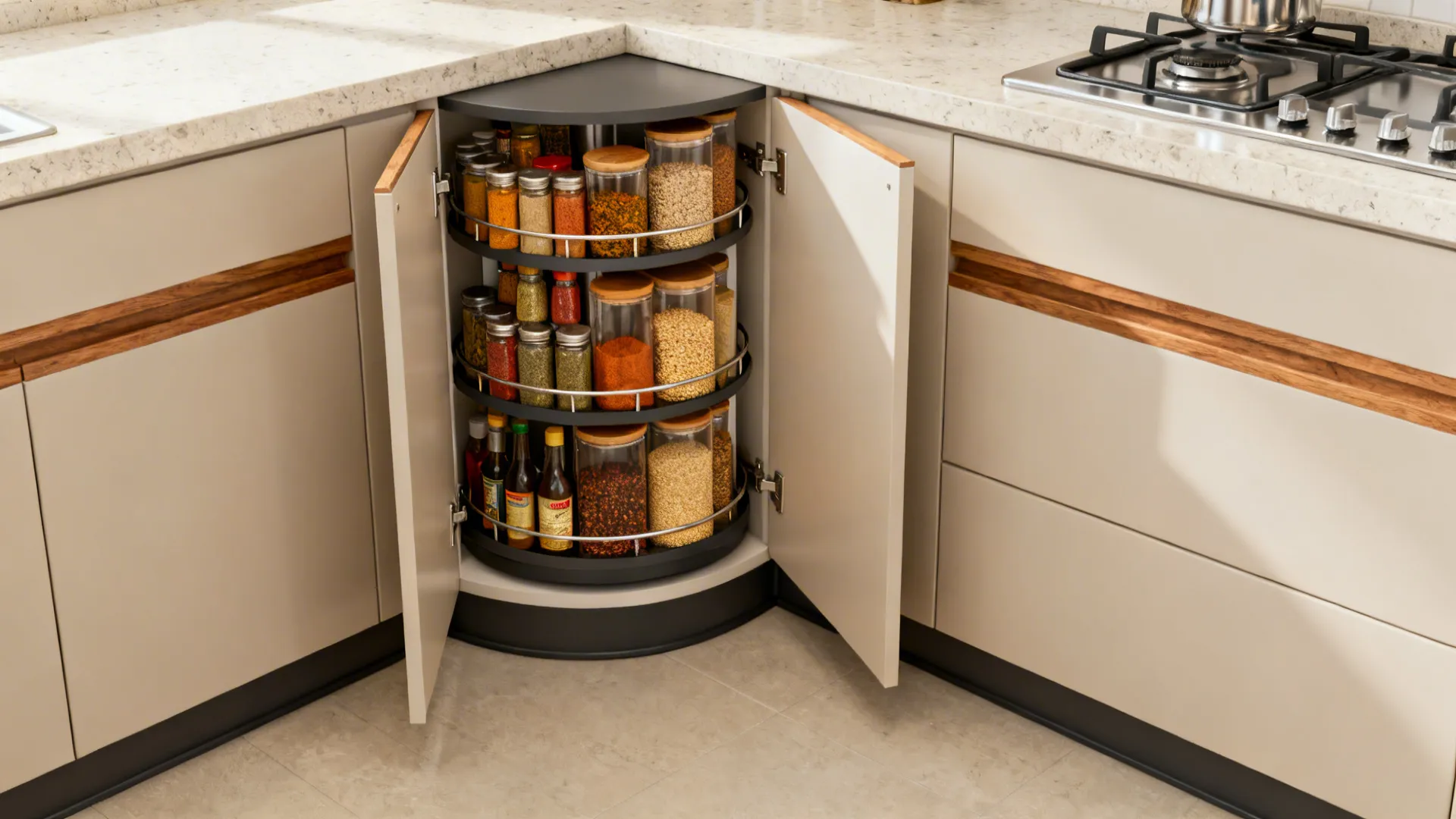 Rotating kitchen corner cabinet organizer with three levels of jars and bottles for spice storage