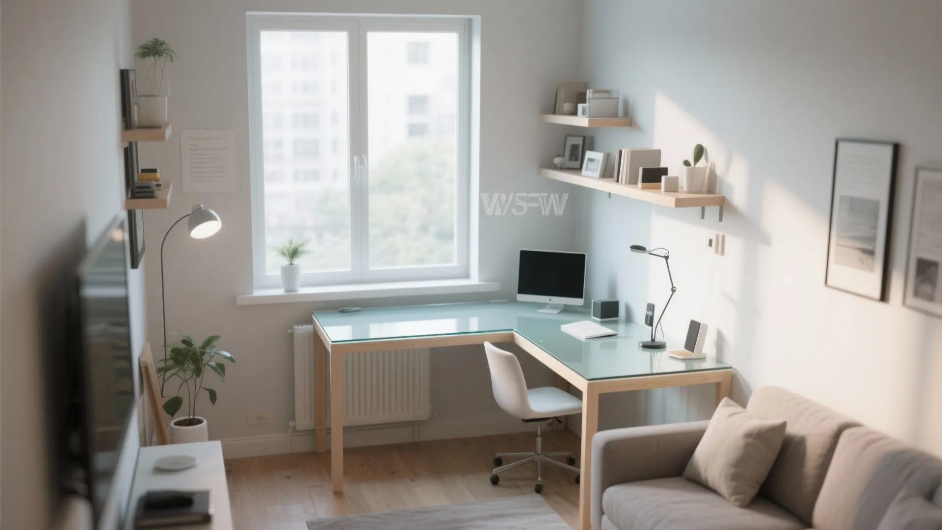 Modern L-shaped corner desk with glass top, white chair, monitor, keyboard, window, and grey sofa