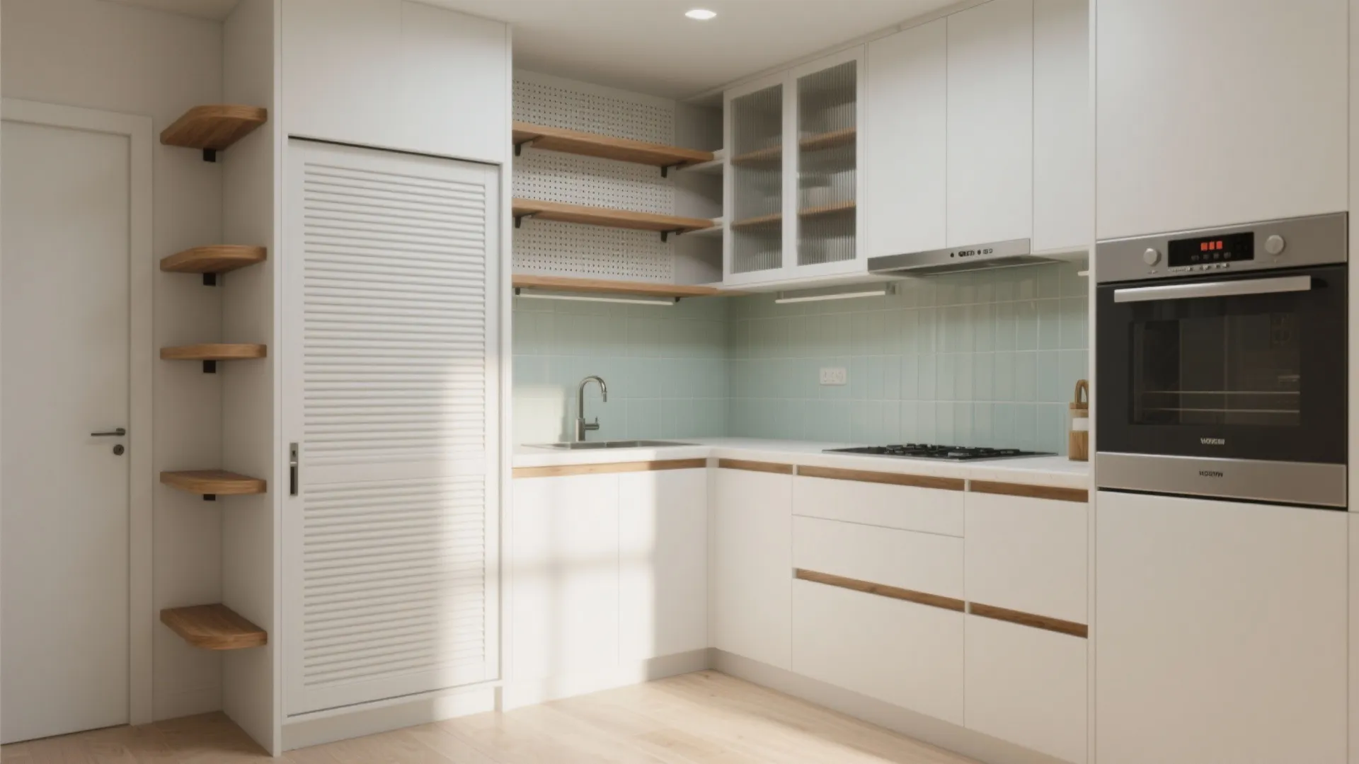 L-Shaped Micro Kitchen with Corner Wall Drop Shelves and an Appliance Garage