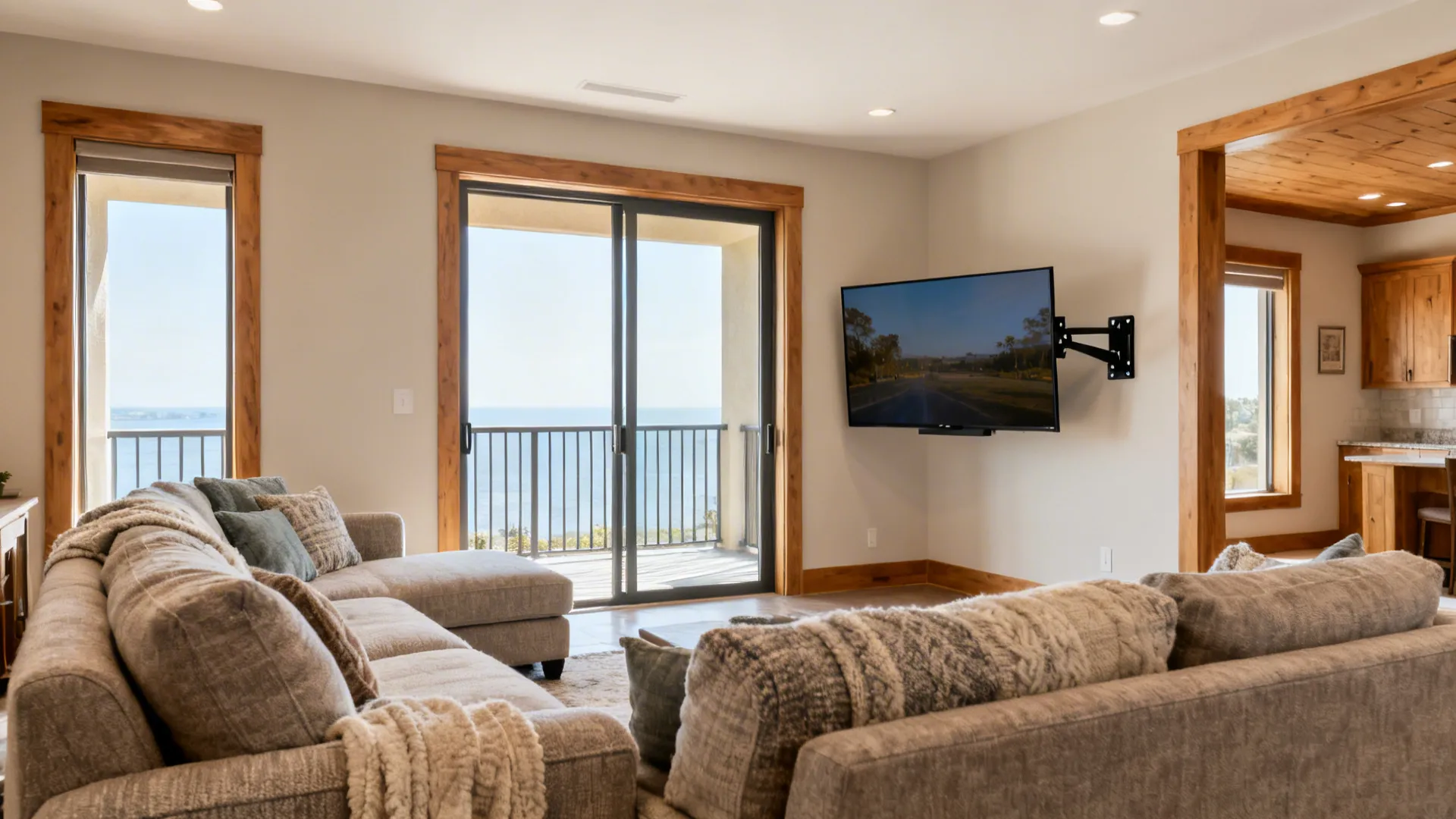 Modern living room with grey sofa wall mounted television sliding glass doors and scenic ocean view
