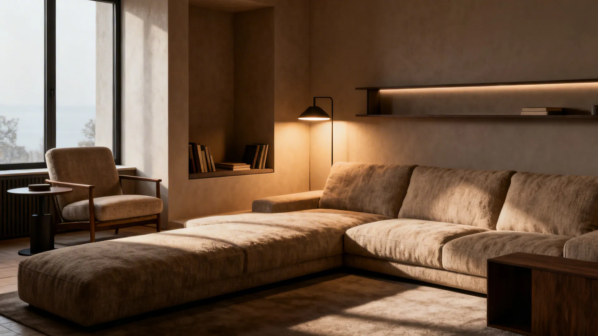 Warm living room featuring a large brown sofa beside a window with a floor lamp