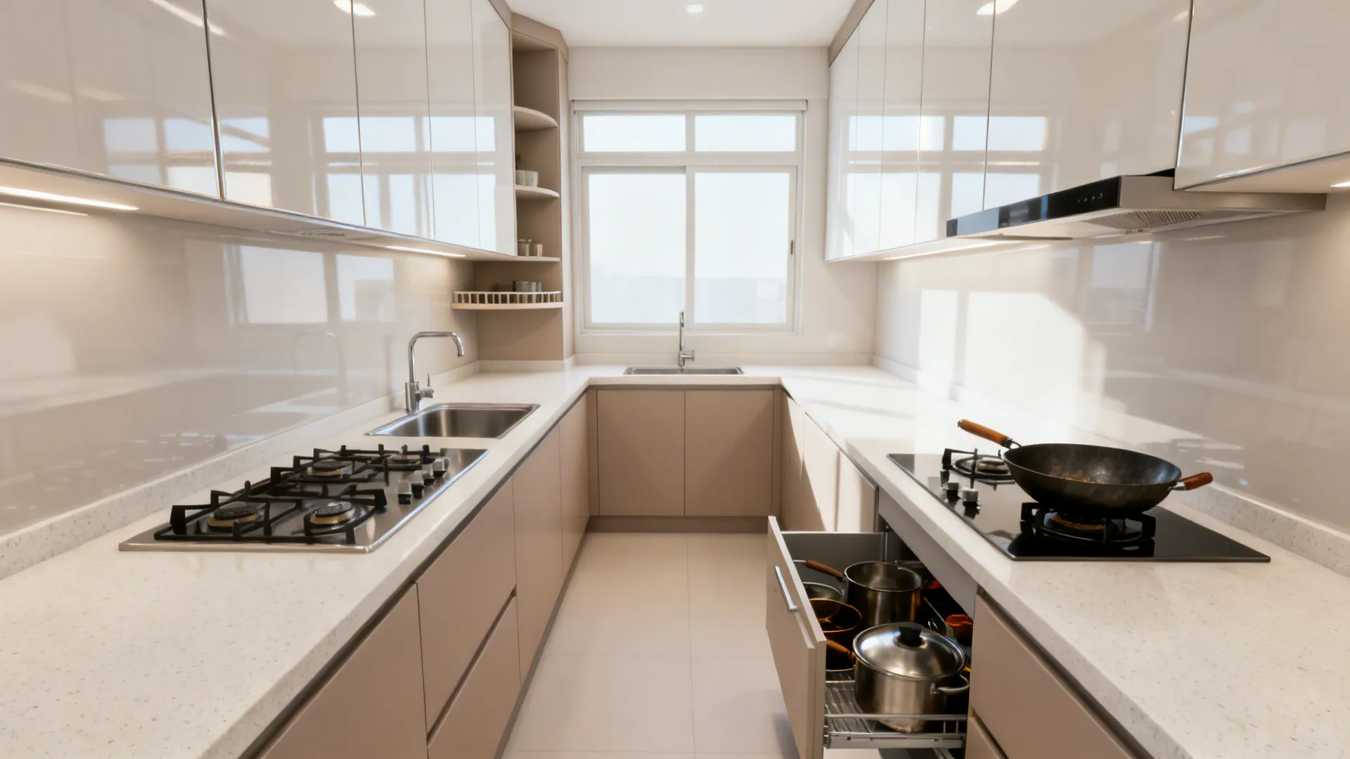 L-shaped compact kitchen with a corner pull-out system and balanced work triangle.