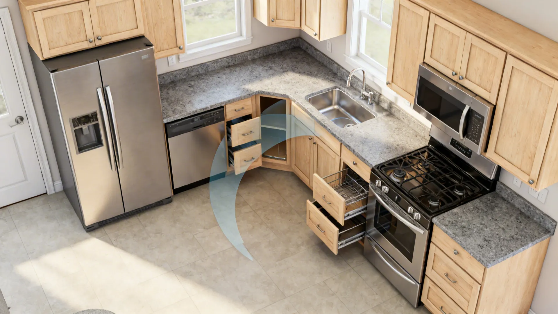 Top-down L-shaped kitchen plan highlighting efficient corner pull-outs and clear appliance access.