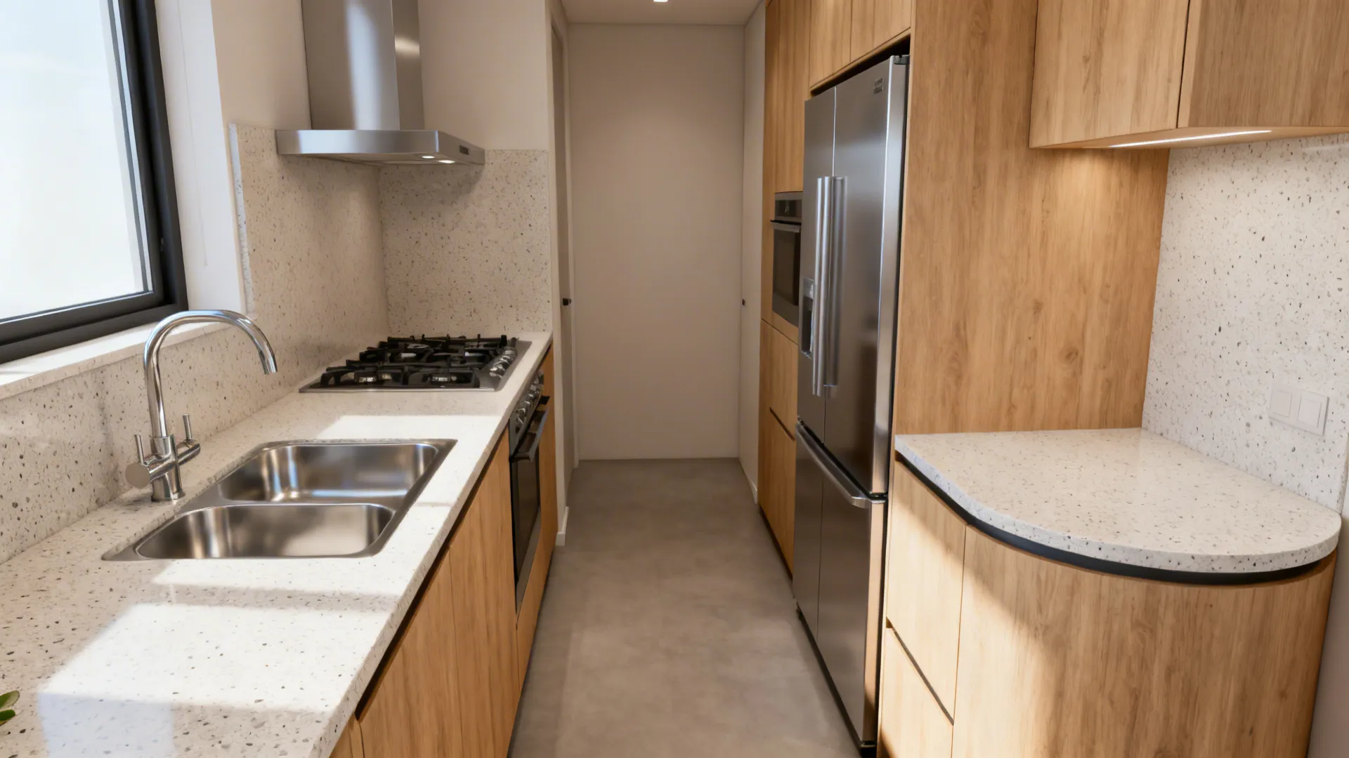 Compact L-shaped kitchen with continuous counters and a clear flow corridor in soft daylight.