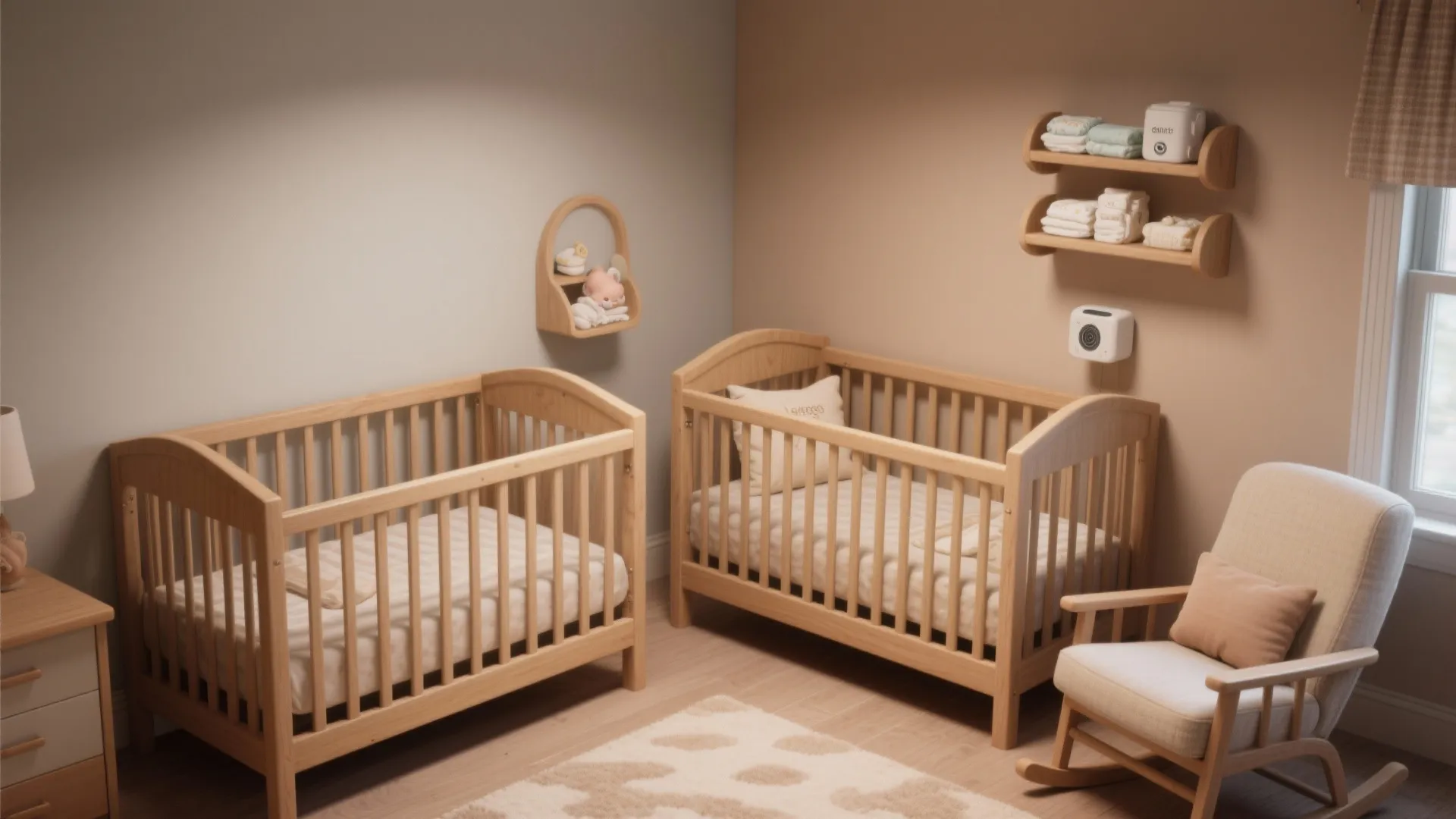 Cozy nursery corner with two wooden baby beds arranged in L-shape with a rocking chair