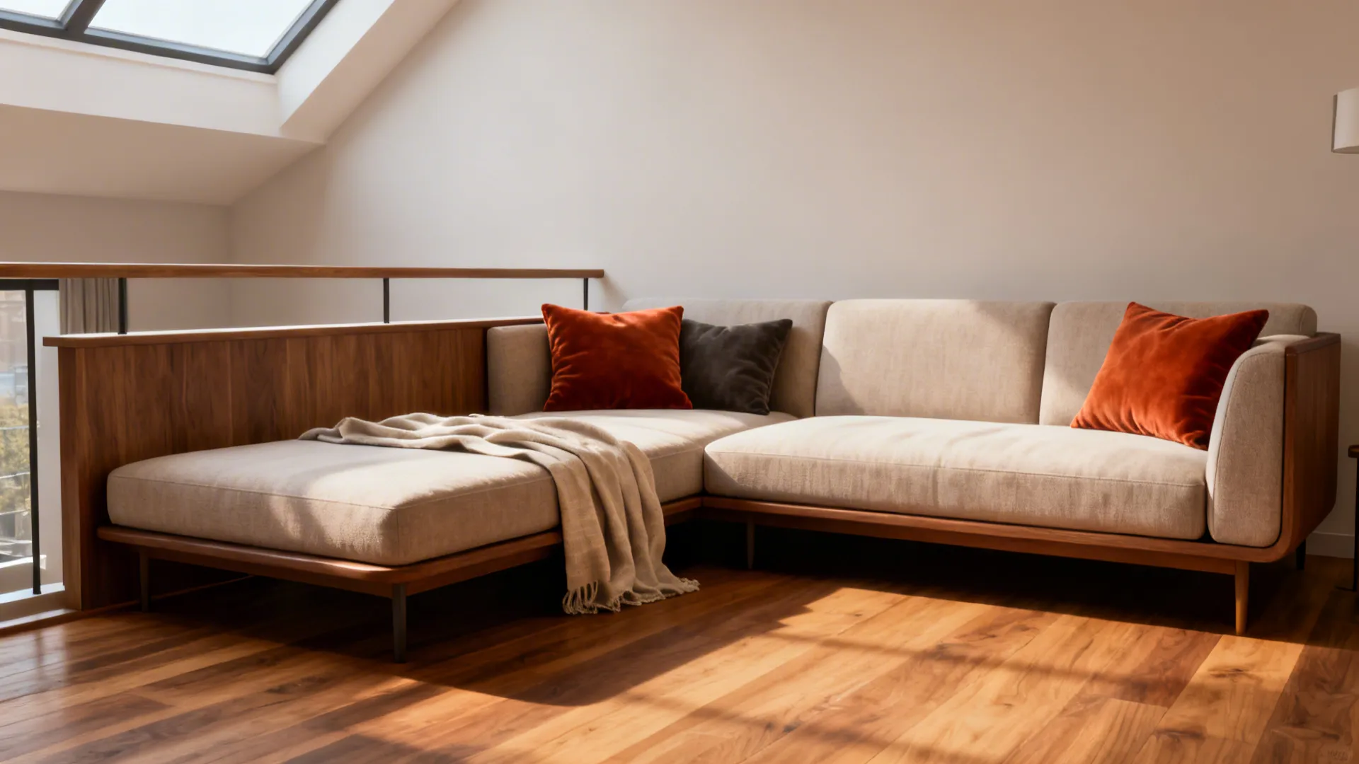 L-shaped sofa with orange pillows and beige blanket on wooden floor under a roof window