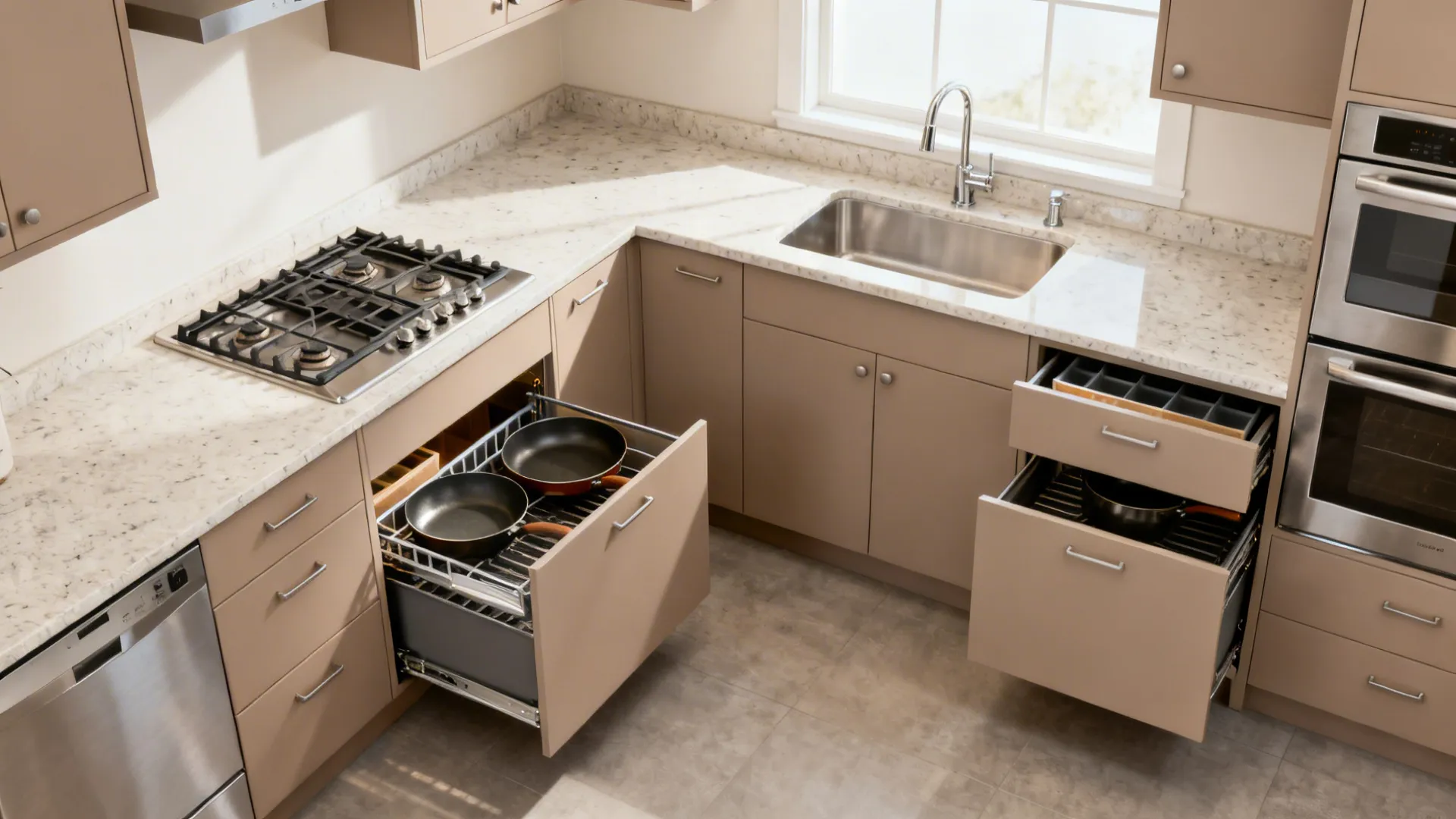 Compact L-shaped kitchen with deep drawers and a corner tray maximizing access and counter space.
