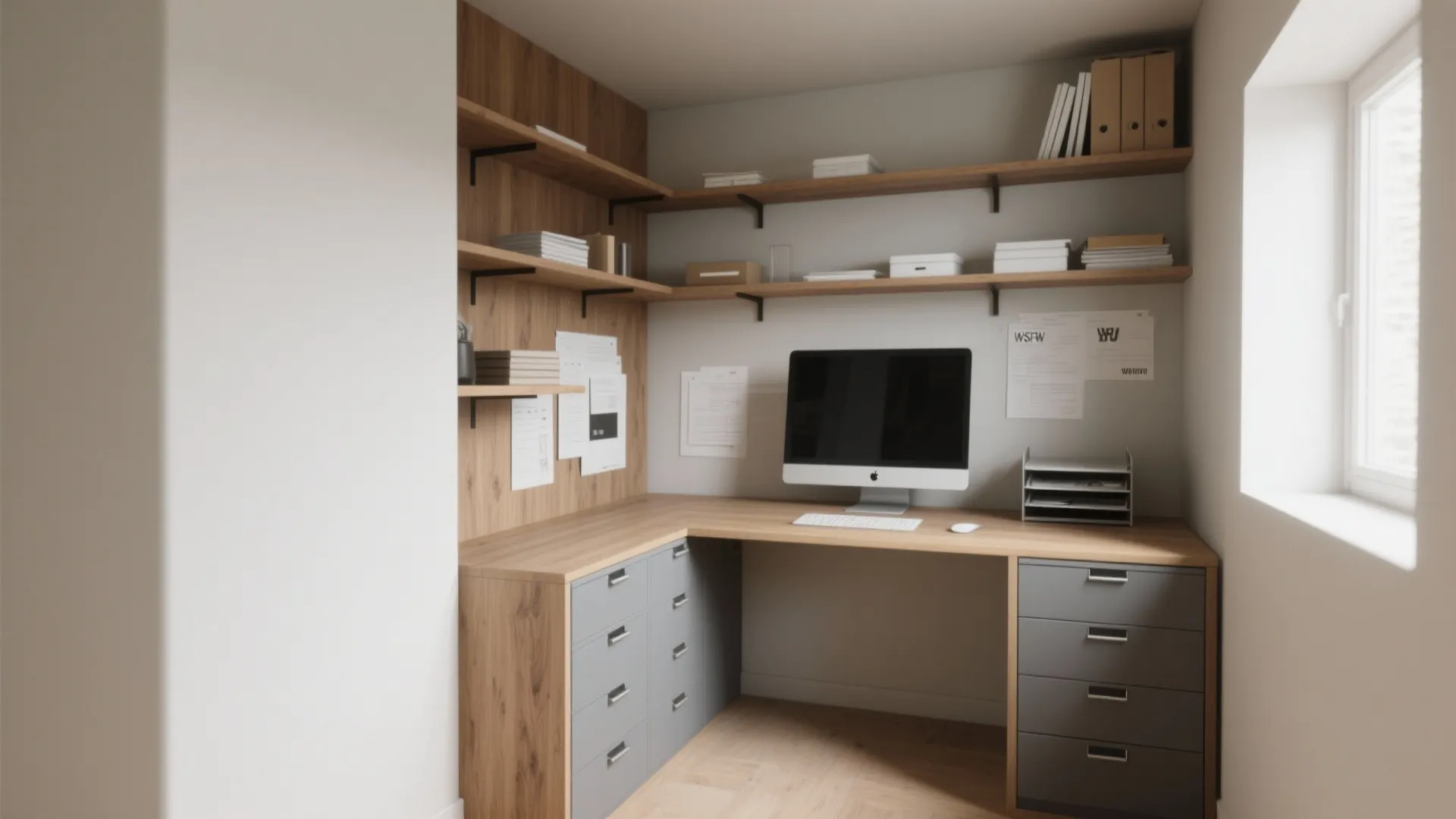 Modern home office with corner wooden desk grey drawers wall shelves computer and natural light