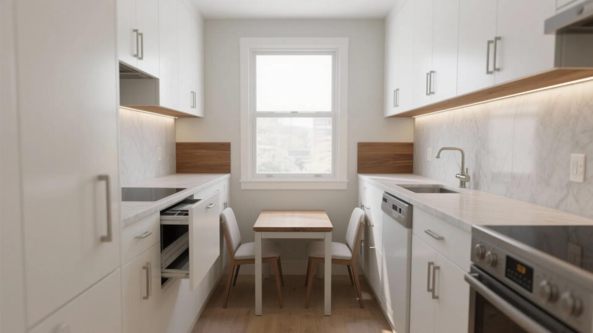 Small white galley kitchen featuring a wooden dining table for two under a bright window