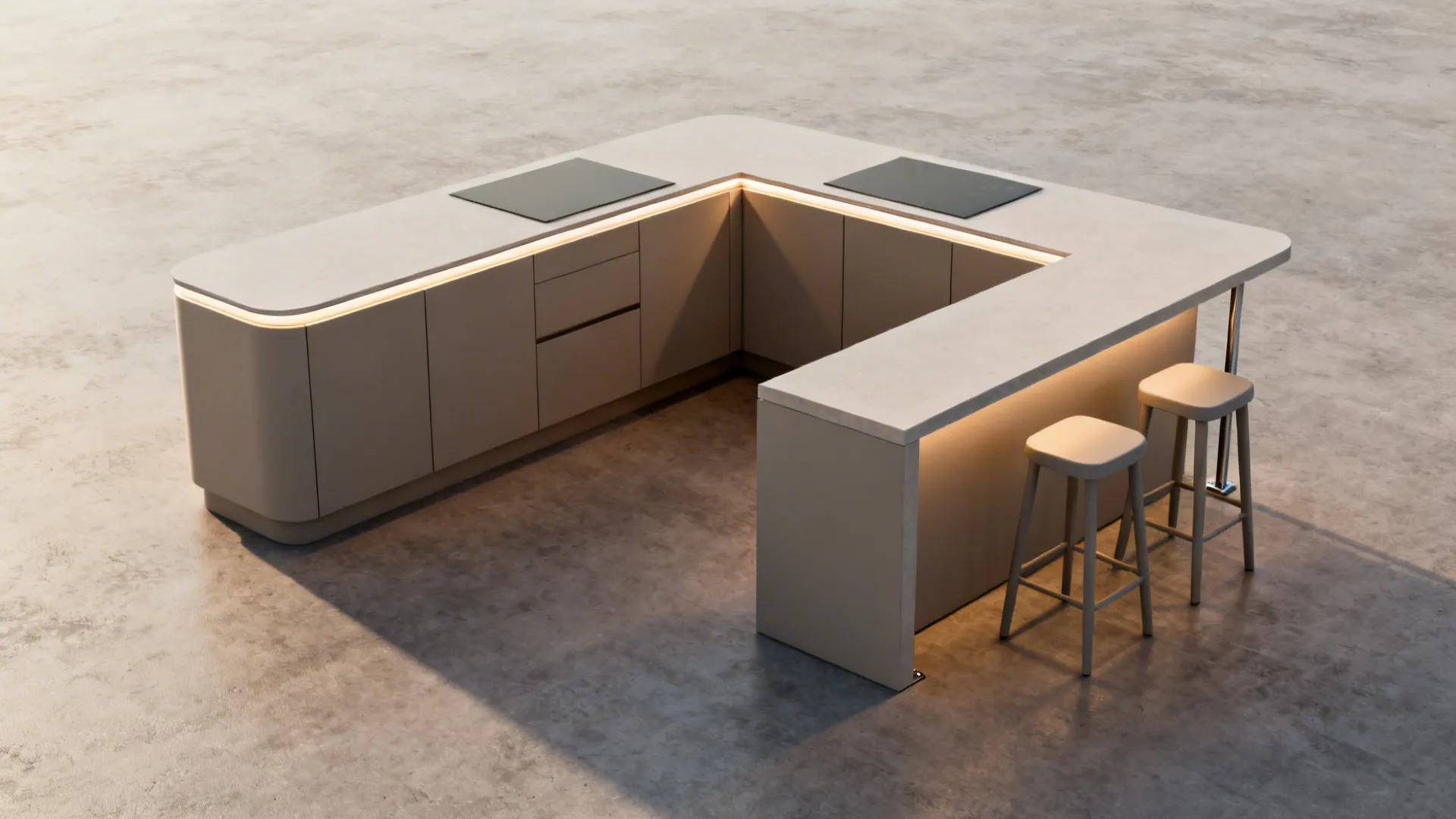 Compact L-shaped kitchen with integrated dining ledge and two stools under a supported overhang.