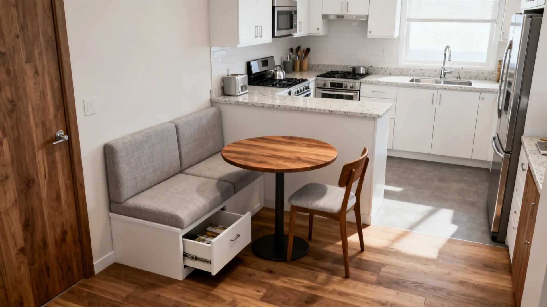 Compact L-Shaped Layout with Integrated Dining