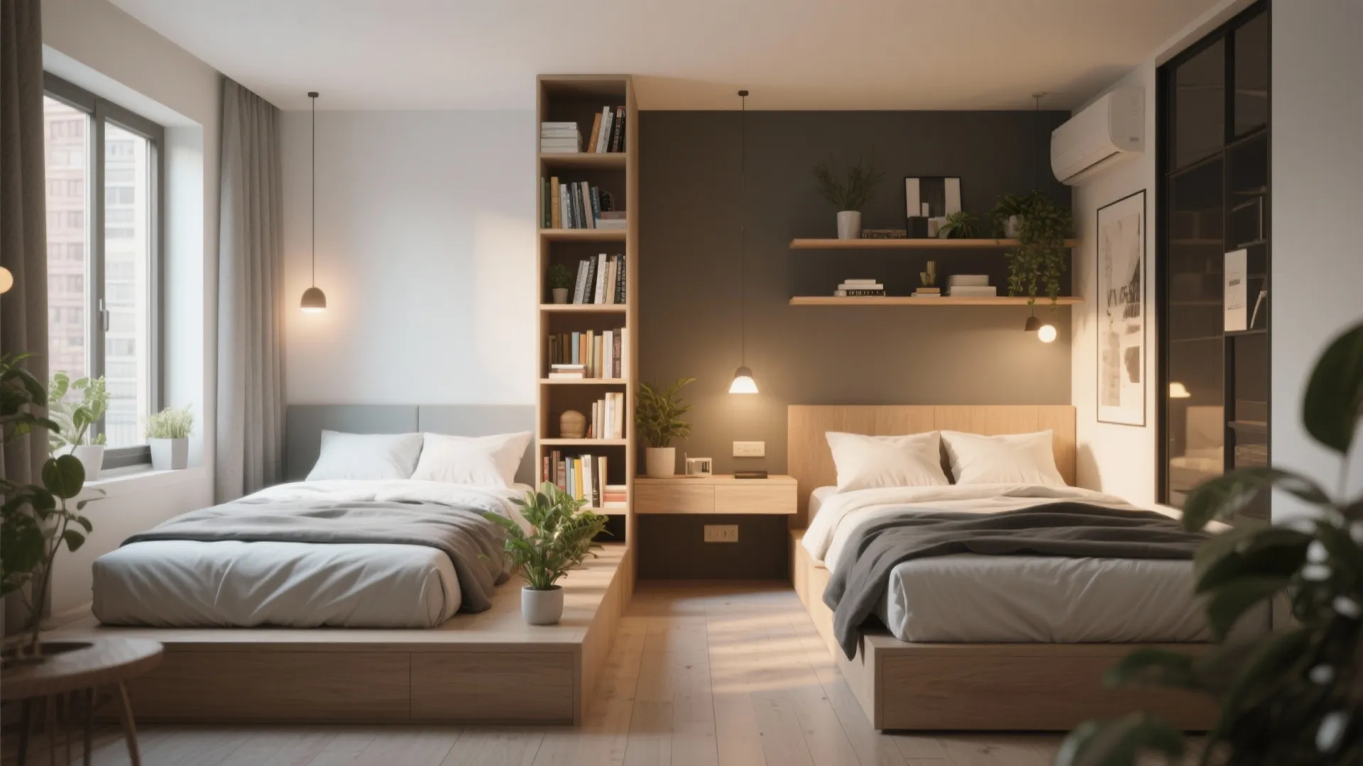 Modern bedroom featuring two beds separated by a tall wooden bookshelf and warm light fixtures