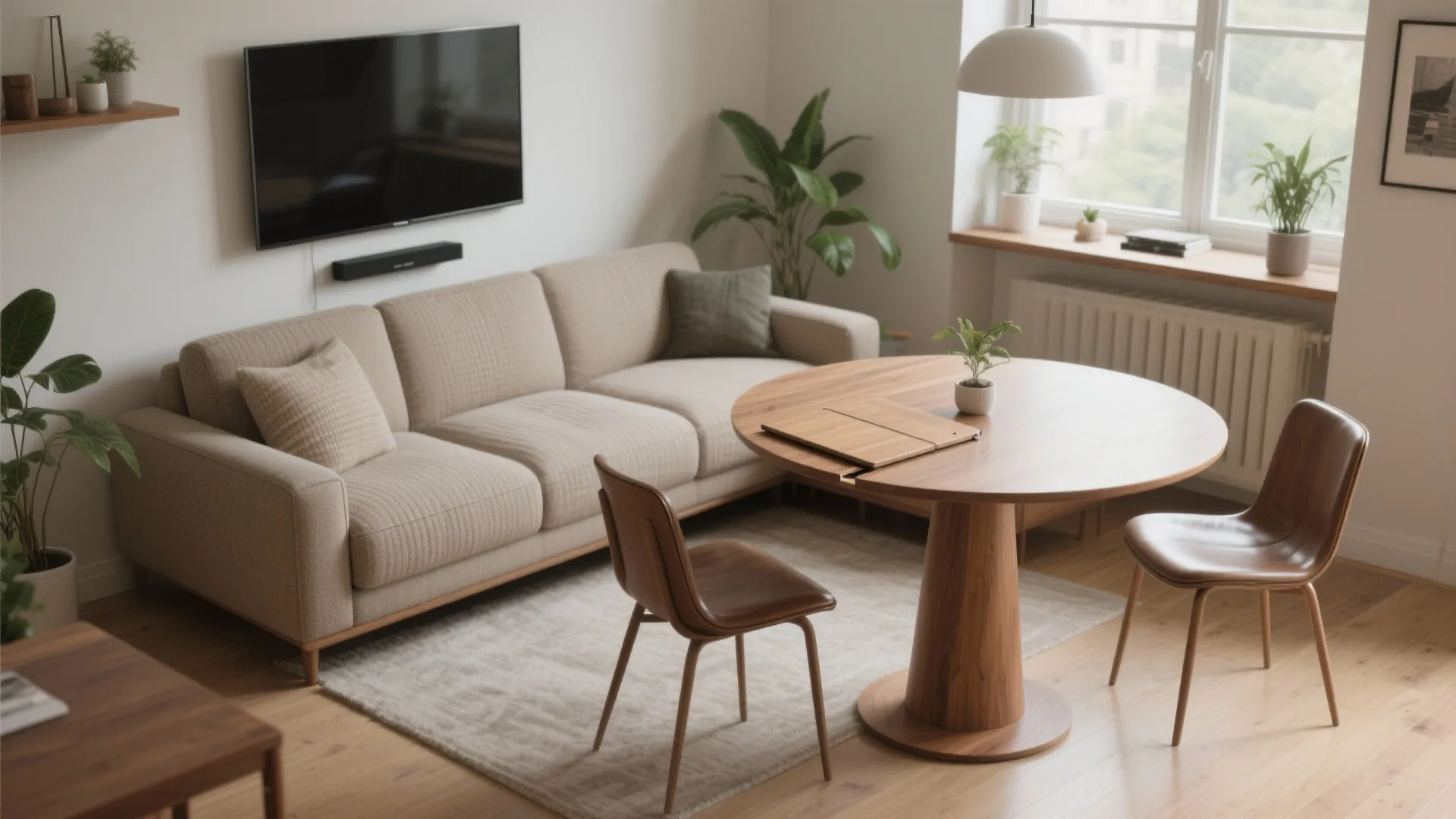 L-shaped seating with a drop-leaf dining setup