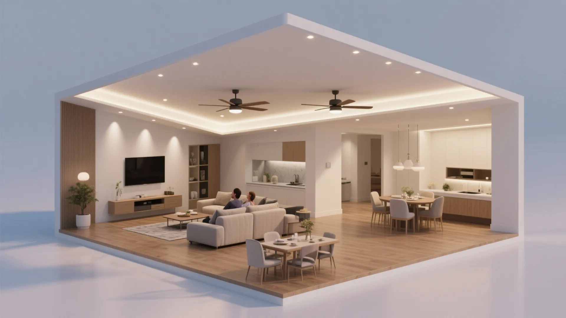 Asymmetrical drop ceiling zones an L‑shaped room