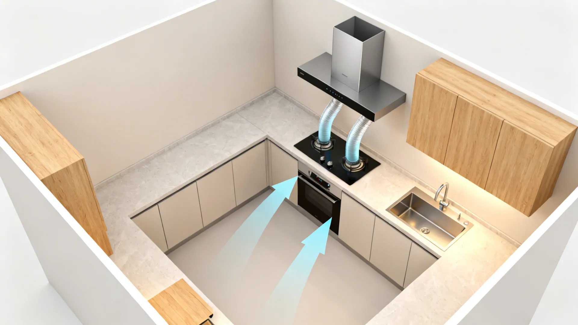 Top-down view of an L-shaped kitchen showing chimney placement and smooth duct route.