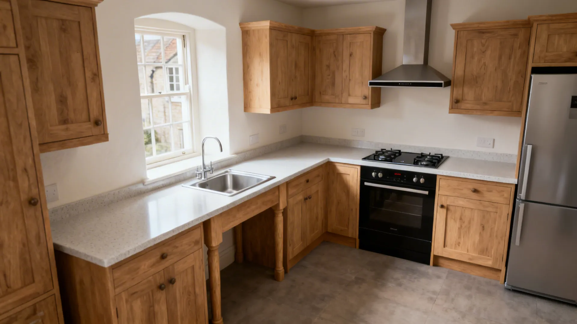 Compact L-shaped UK kitchen with long prep run, adjacent hob and sink, and clear circulation.