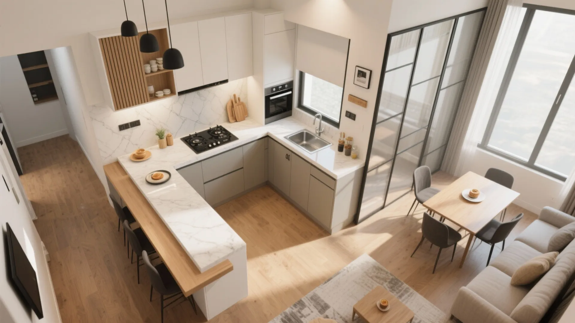 Top-down view of an L-shaped kitchen flowing into a 2 BHK living-dining layout.