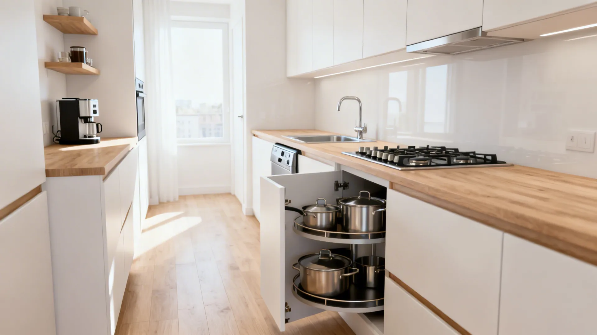 White kitchen with wood countertop and open corner cabinet showing several silver pots and pans