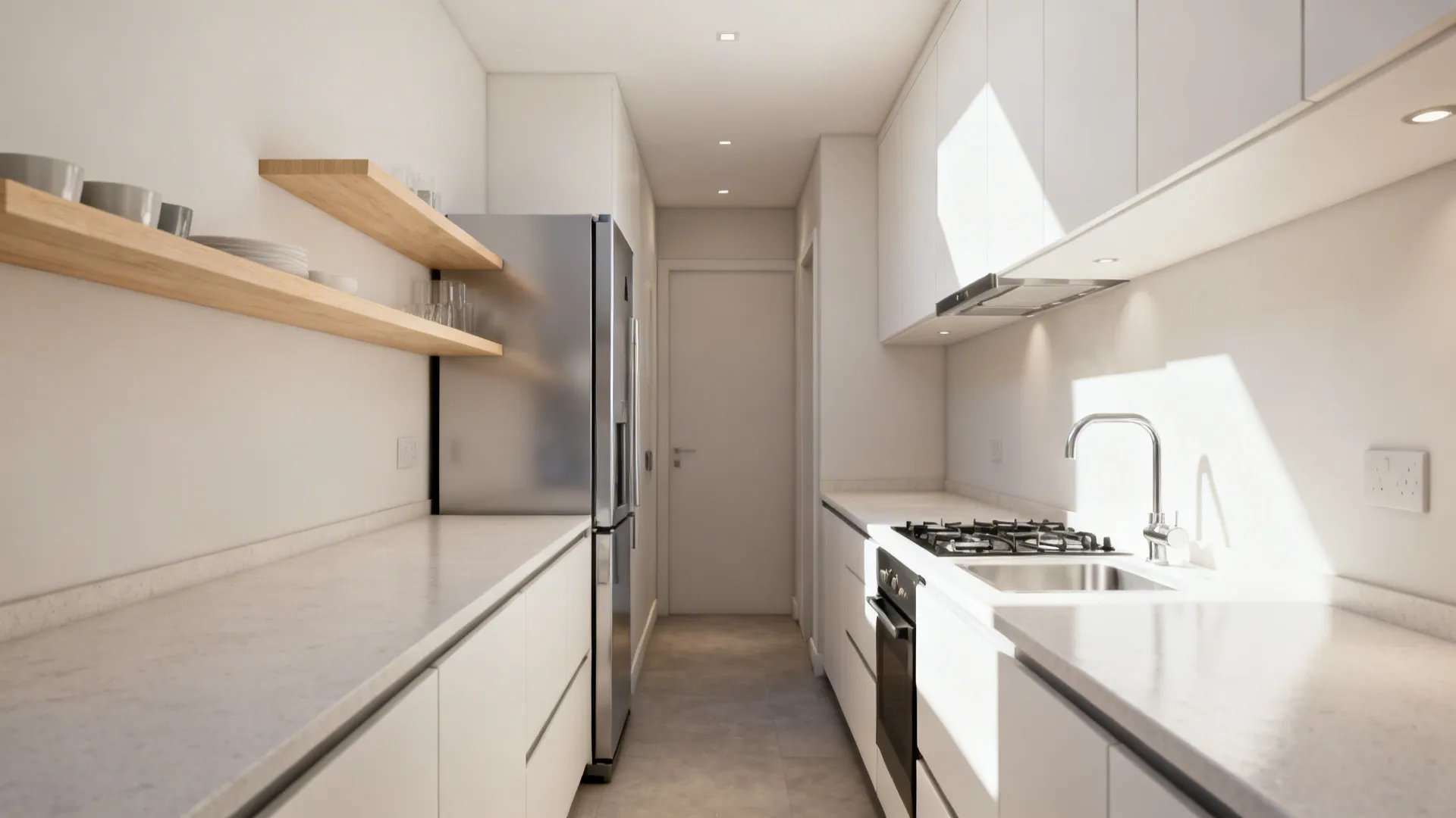 Compact UK kitchen showing efficient L-shape and galley flow with continuous worktop.