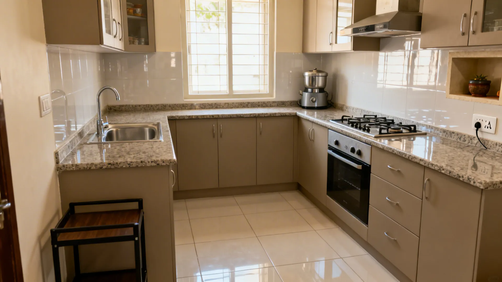 Eye-level view of an L-shape kitchen with clear sink–prep–hob triangle and a wet grinder niche.