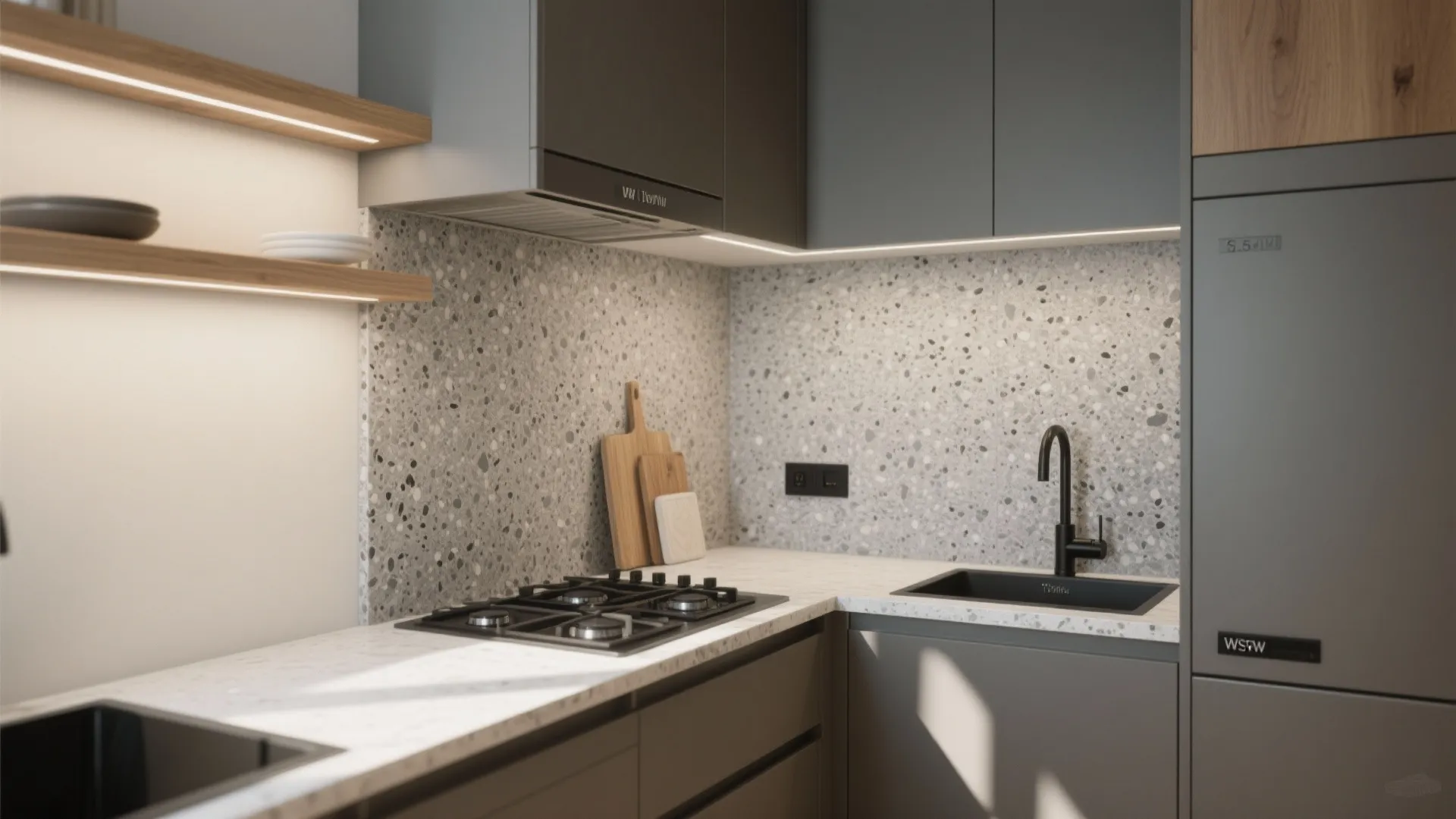 Micro L-shaped kitchen with a granite feature wall