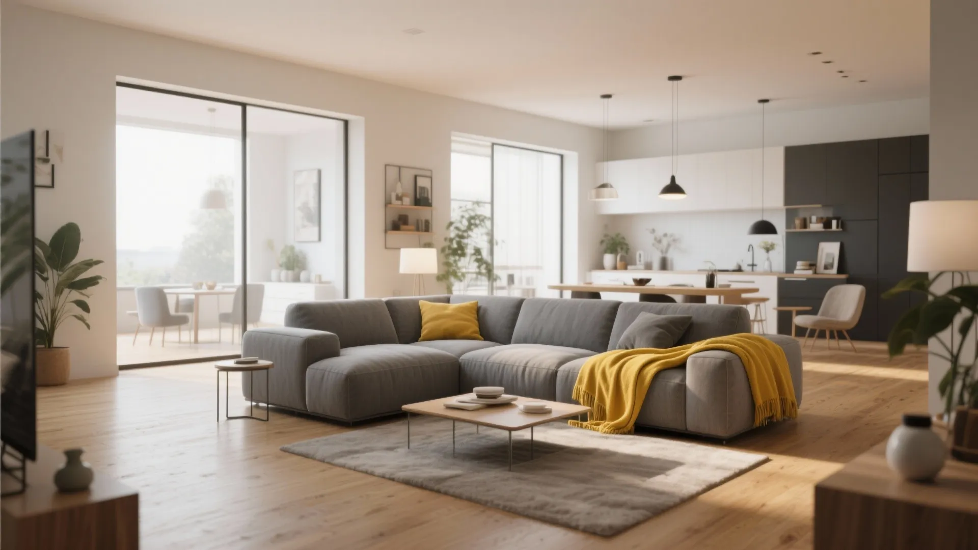 3. L-Shaped Layout with Gray Sectional