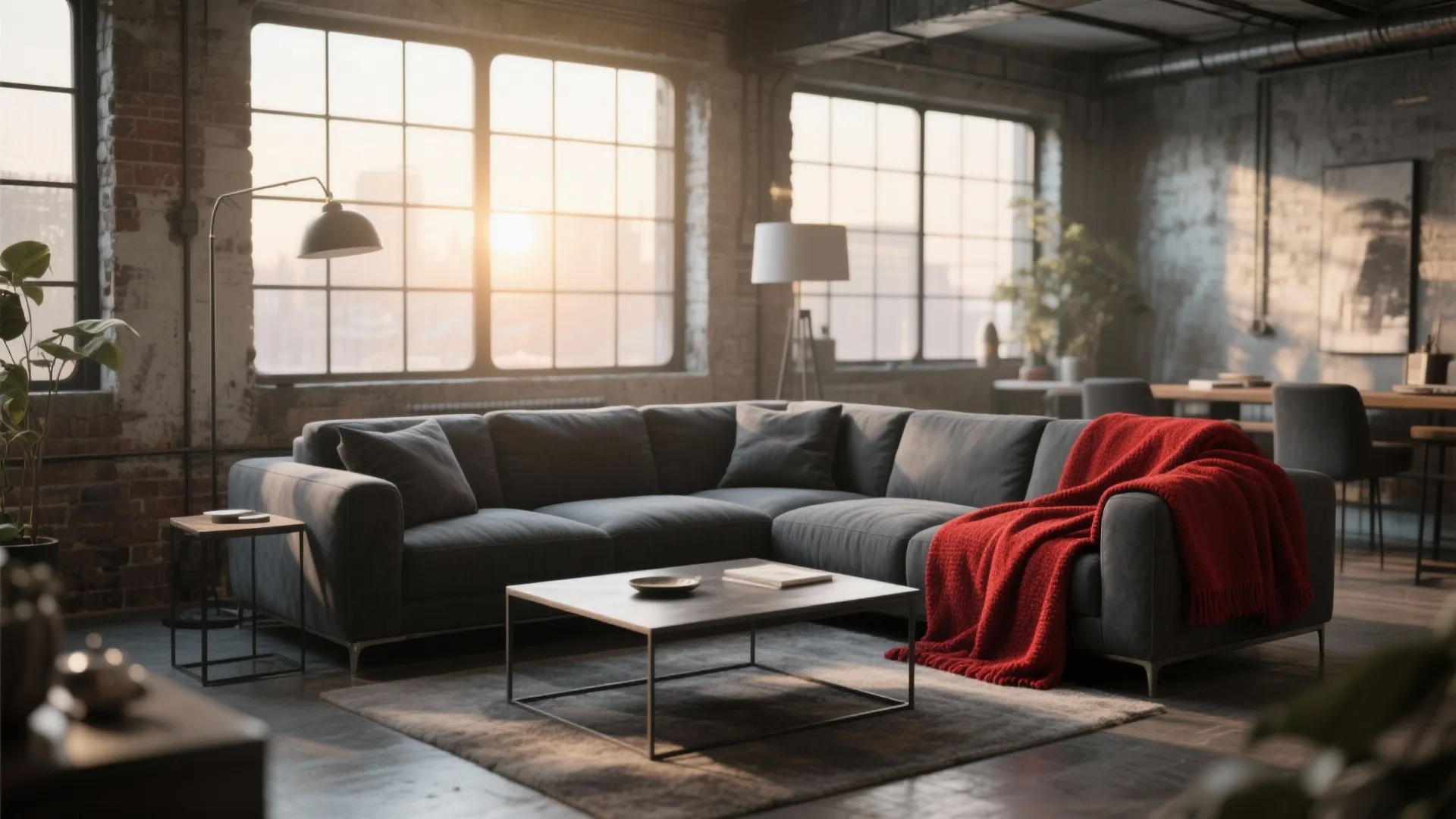 Industrial living room with grey sofa, red blanket, brick walls, large windows, and floor lamp