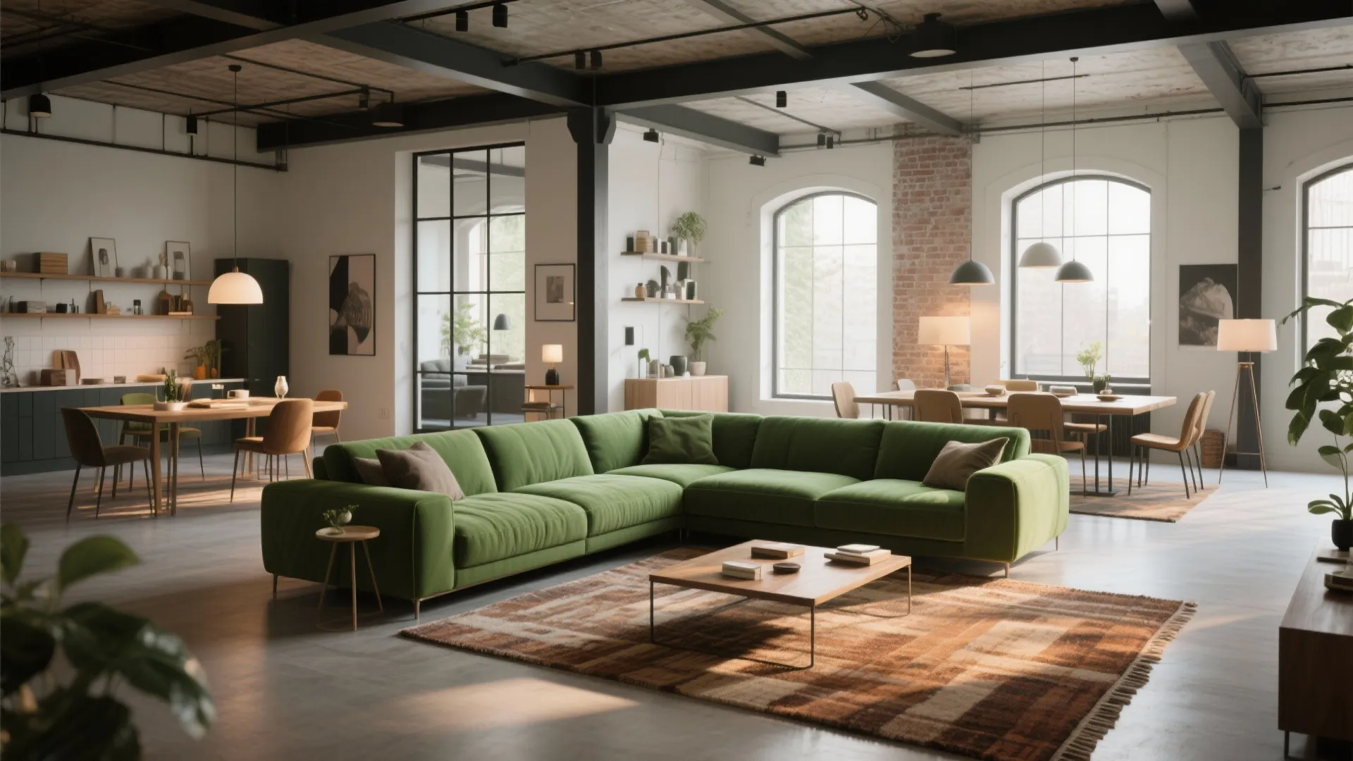 Modern industrial open plan living room with green sofa wooden coffee table and ceiling lights