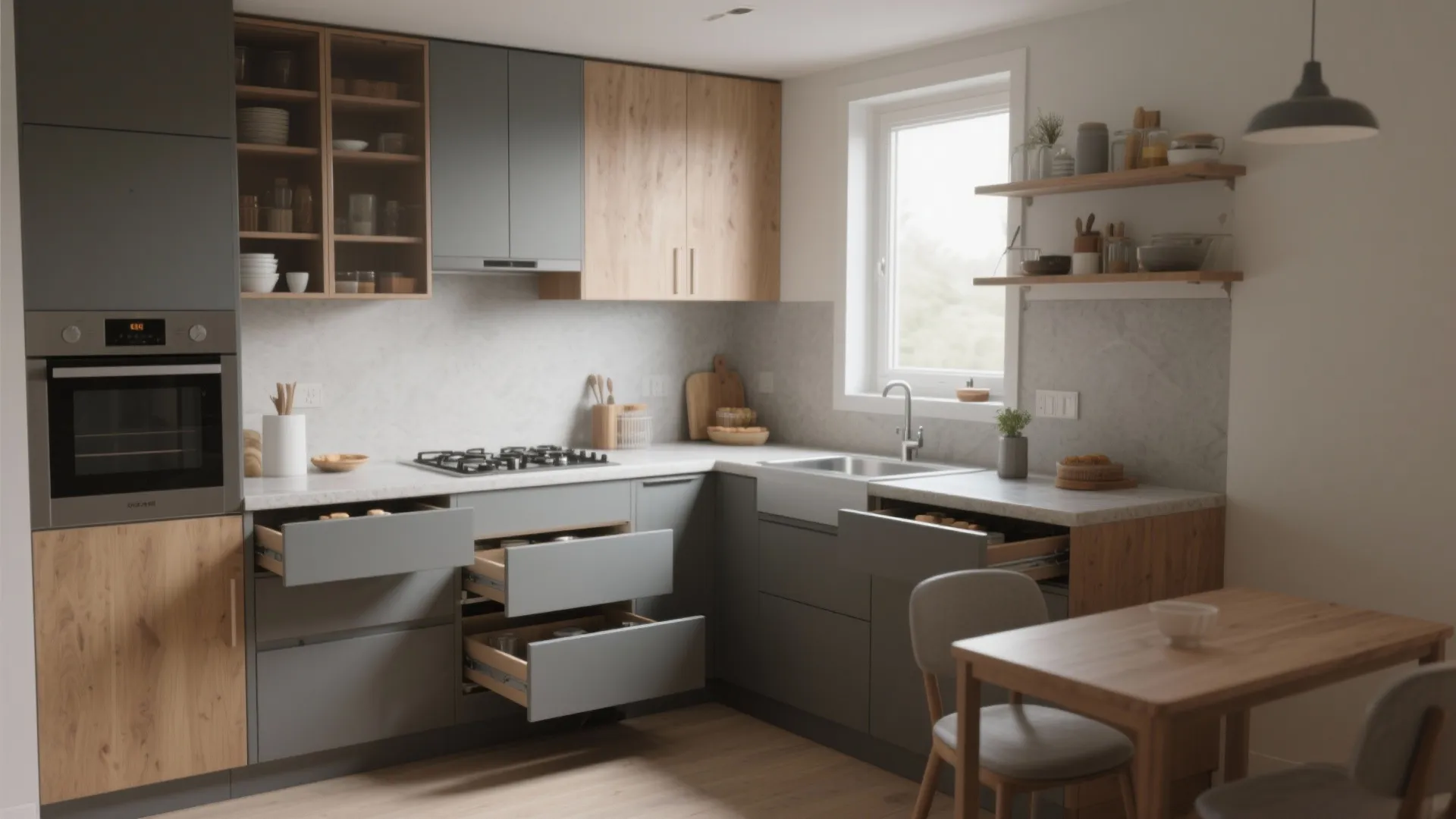 1. L-shaped layout with hidden storage