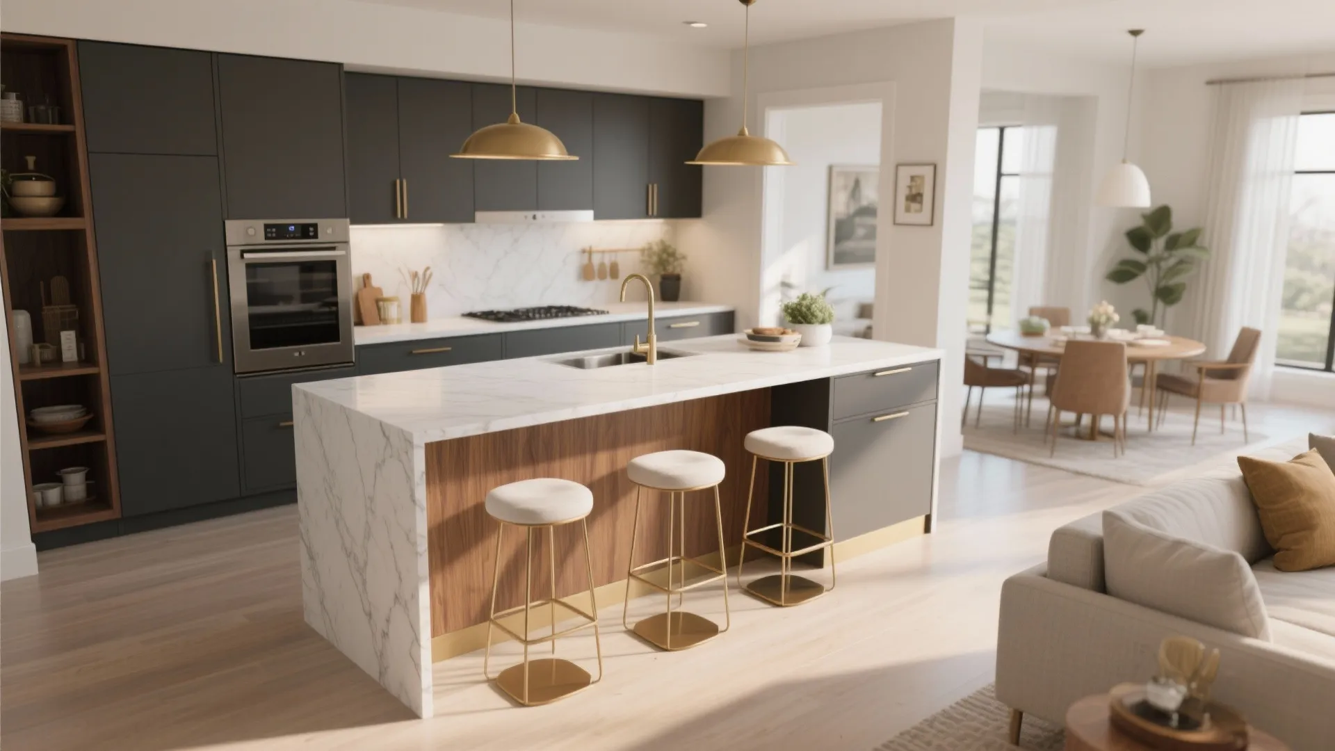 Modern kitchen with white marble island three stools dark grey cabinets and gold ceiling light