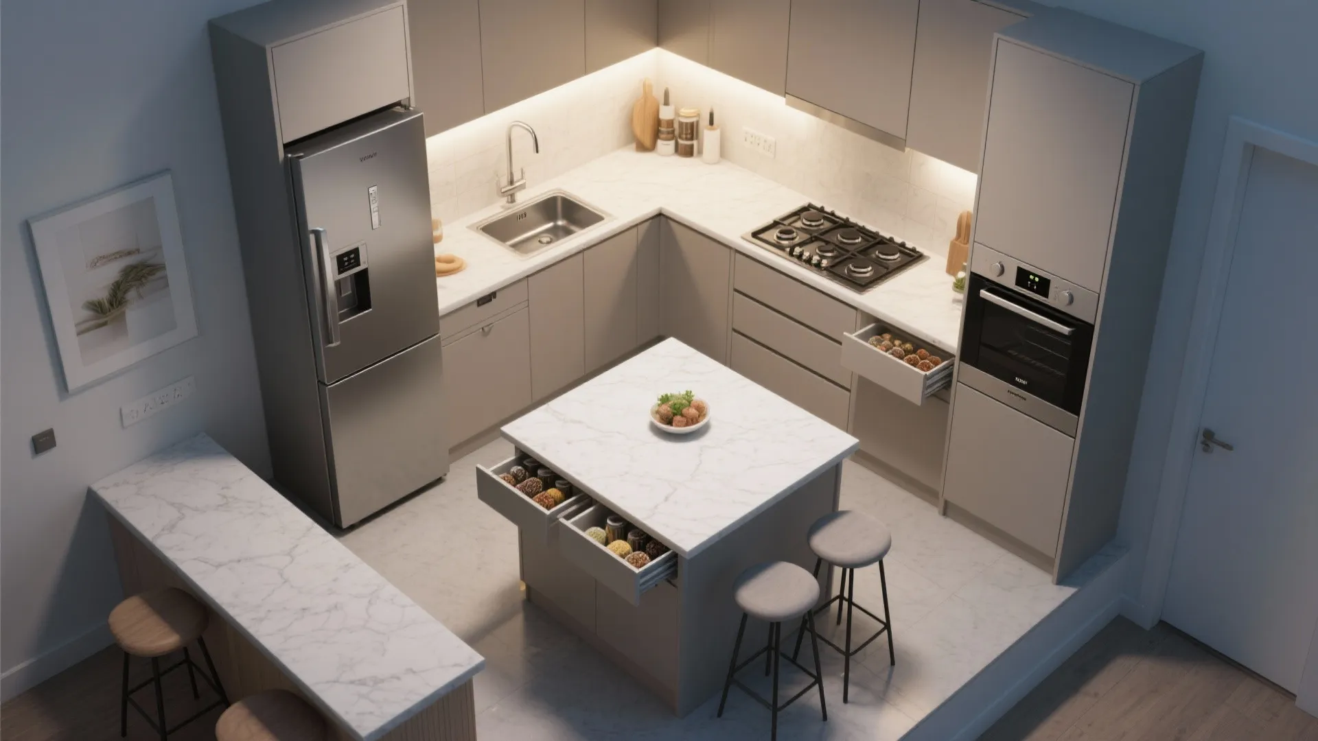 Kitchen planning: galley or L-shape with a compact island