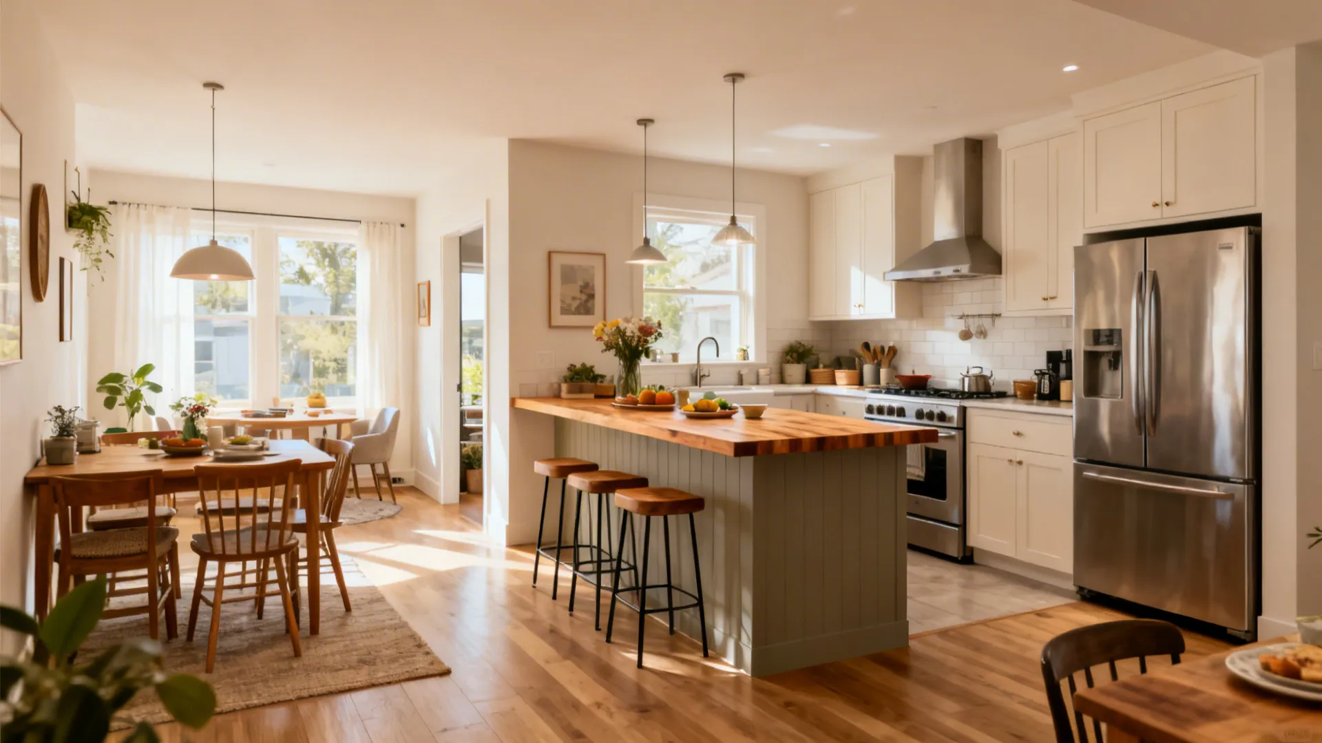 Open plan kitchen with green island three stools and wooden dining table in sunny room
