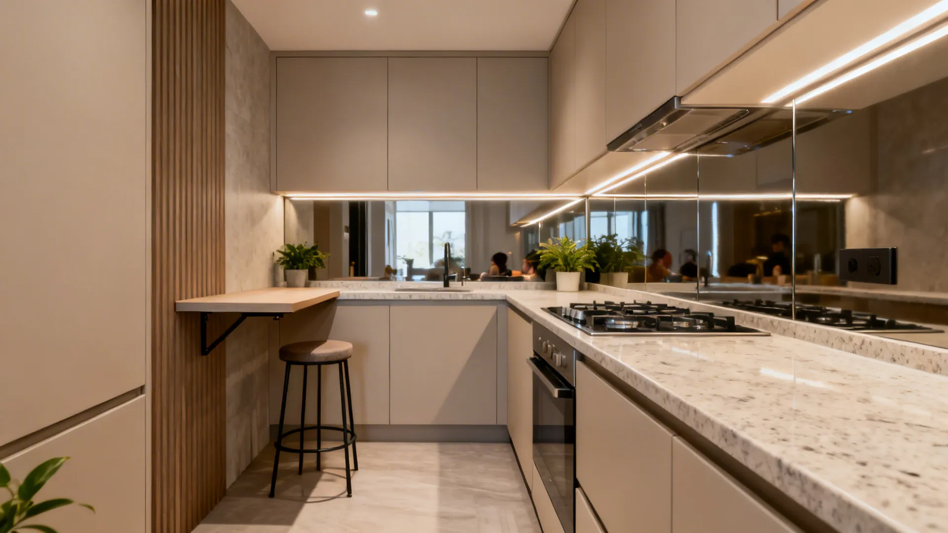 L-shaped compact kitchen with a small katta on the short leg and clear walkway.