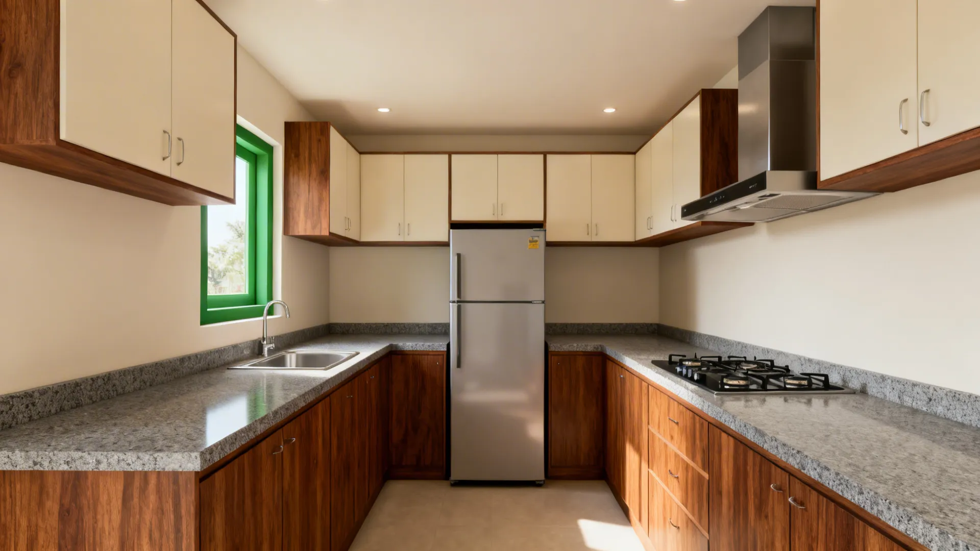 Kerala-style L-shaped kitchen with sink by a window, hob opposite, and clear prep space.
