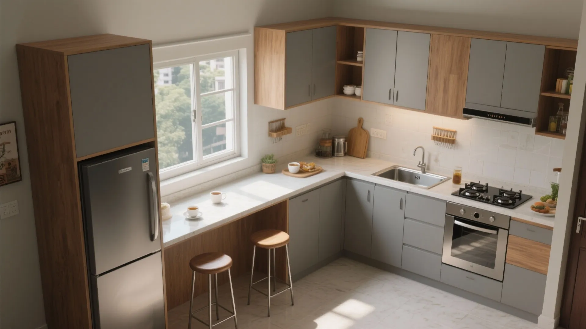 L-shaped small kitchen with a compact breakfast ledge