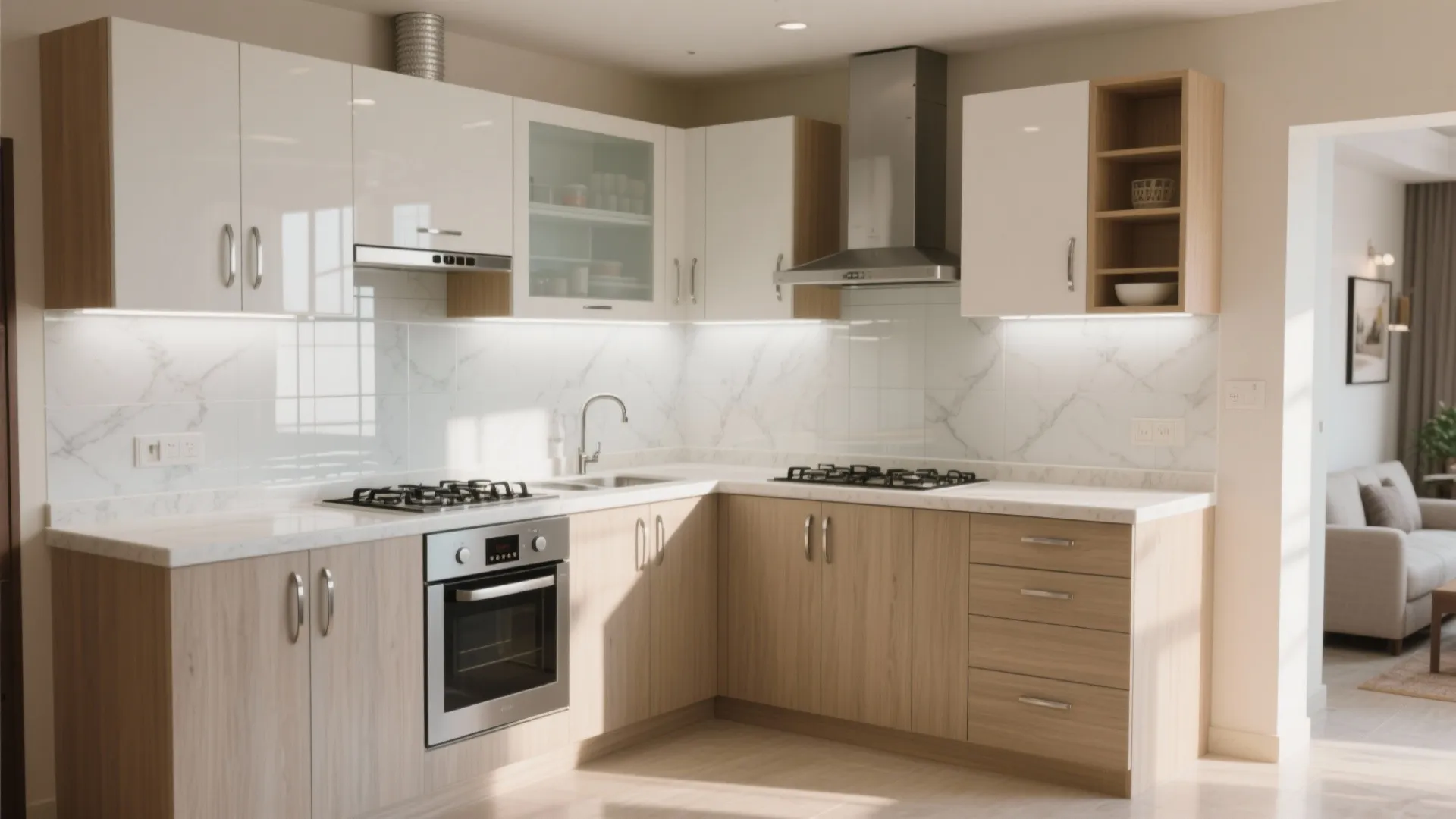 An L-shaped modular kitchen with a light-reflecting backsplash