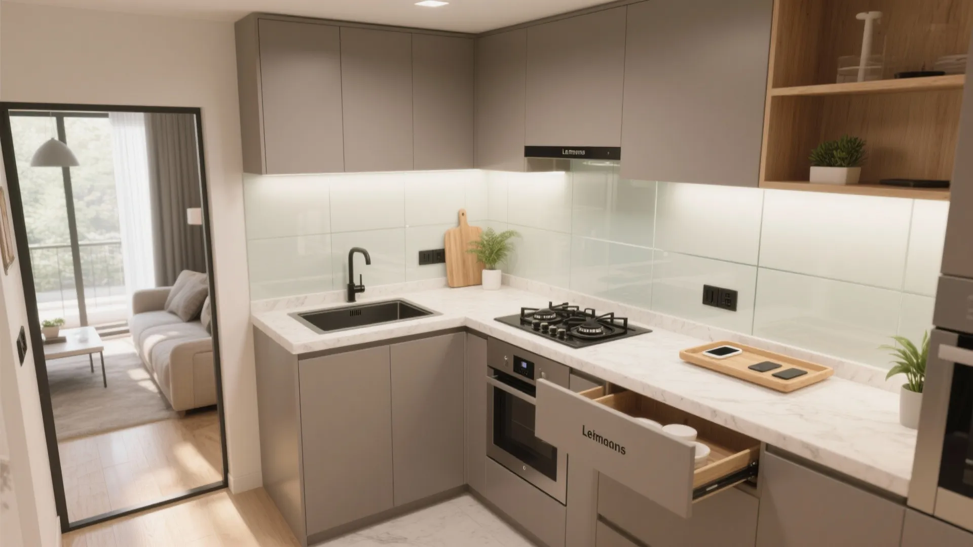 Small gray l-shaped kitchen design with white marble countertop plus stove and a built-in oven
