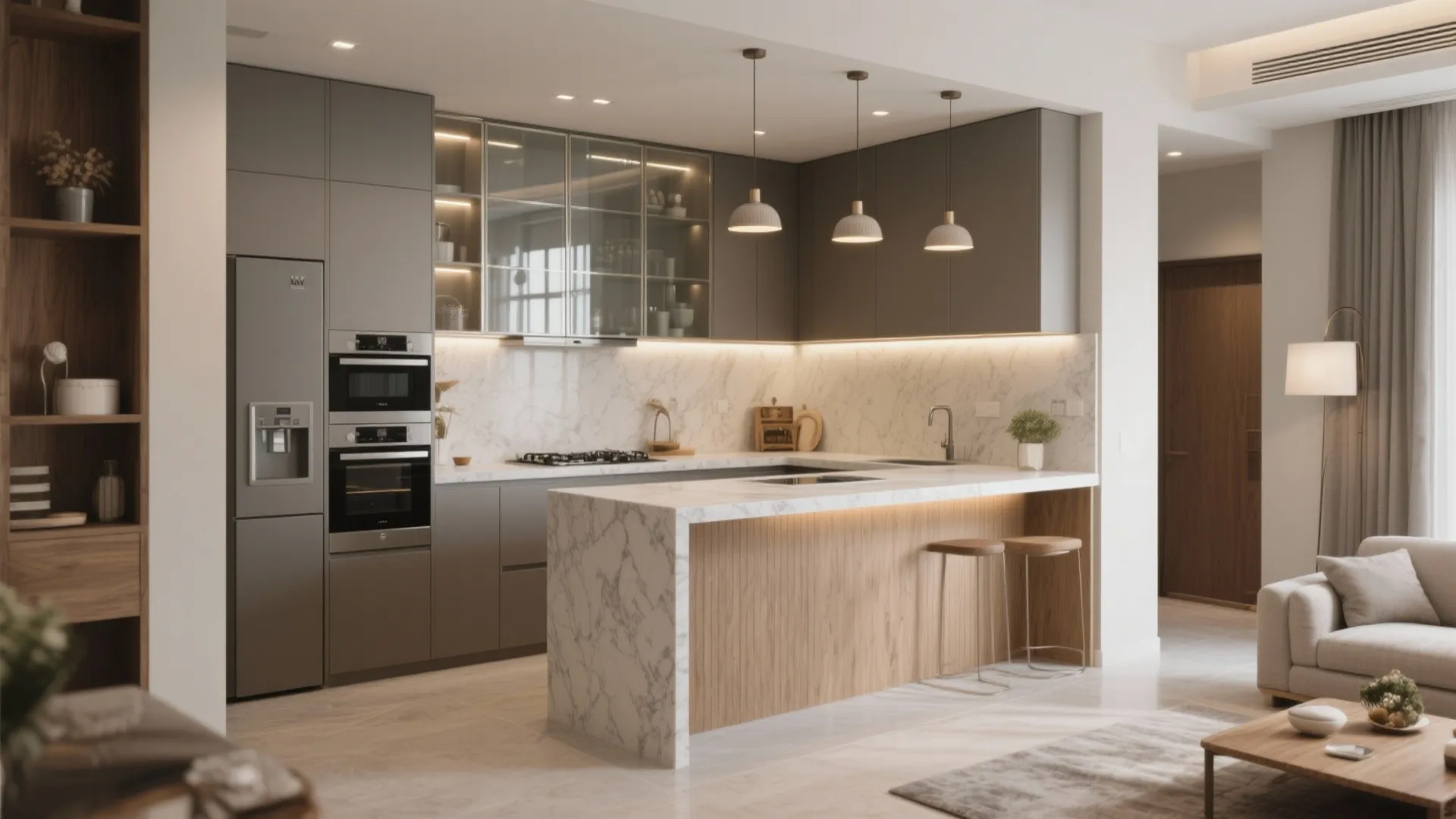 Seamless L-shaped Kitchen with a Glass Backsplash