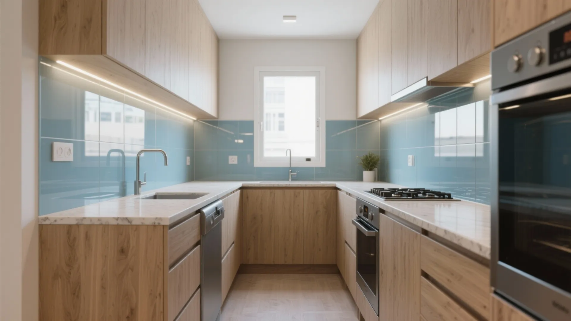 L-shaped small kitchen with a glass backsplash