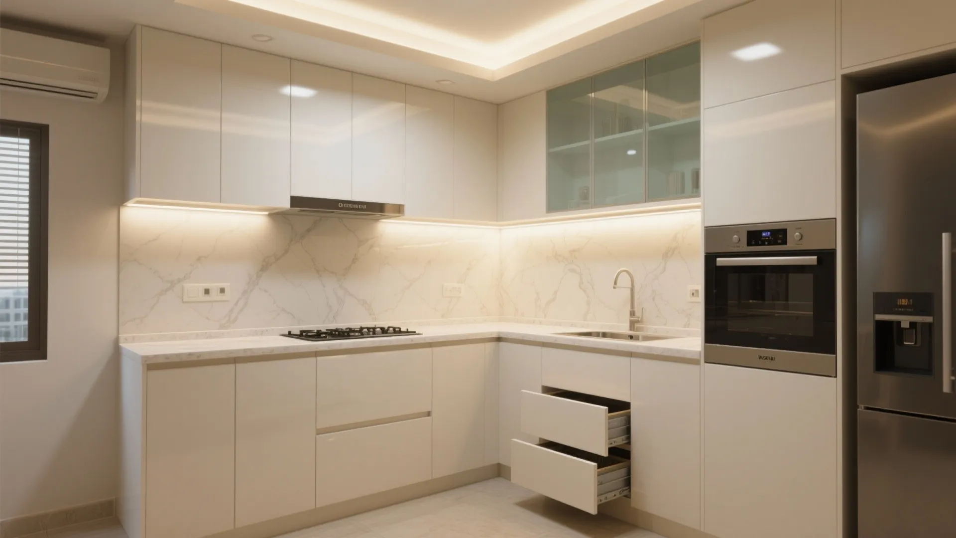 Compact Kitchen, Big Impact: L-shaped, Handleless, and Bright