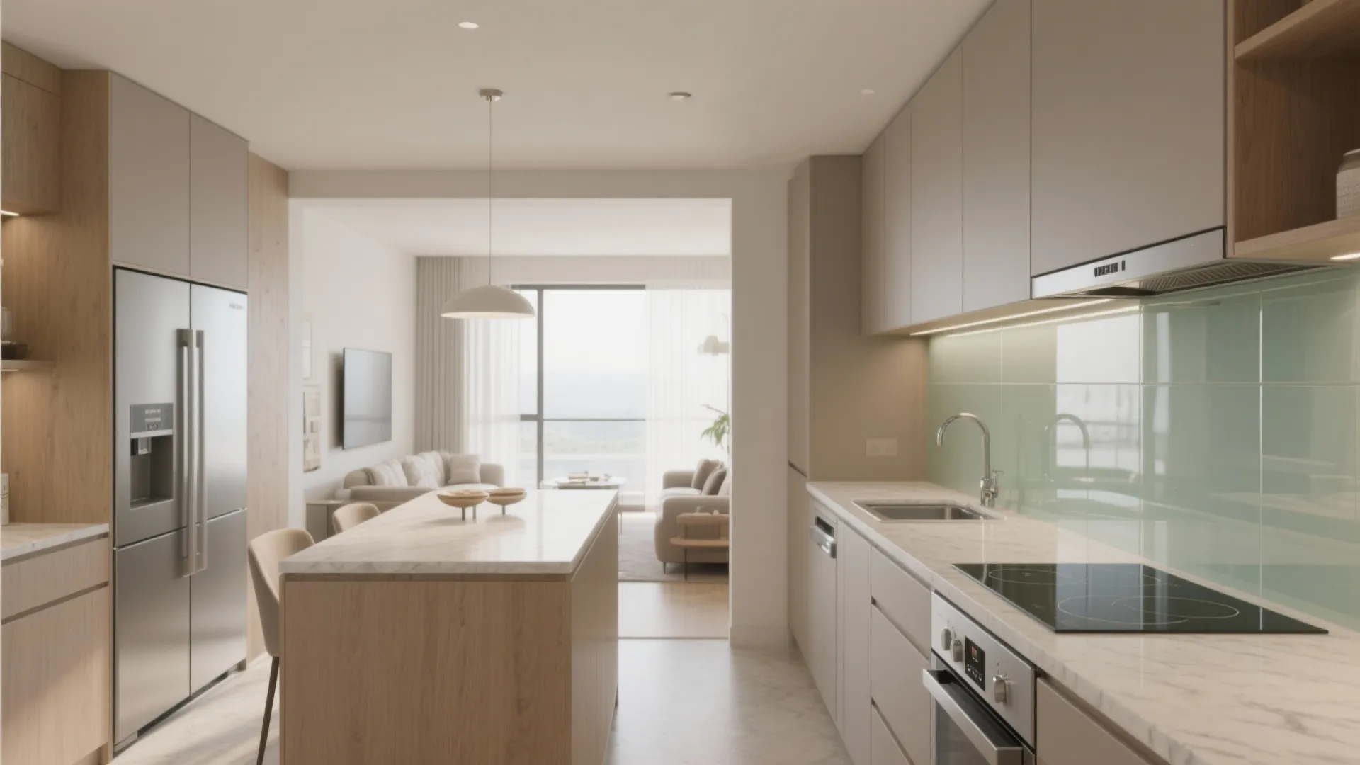 Open, Social Kitchen with an L-Shape and Light-Boosting Finishes