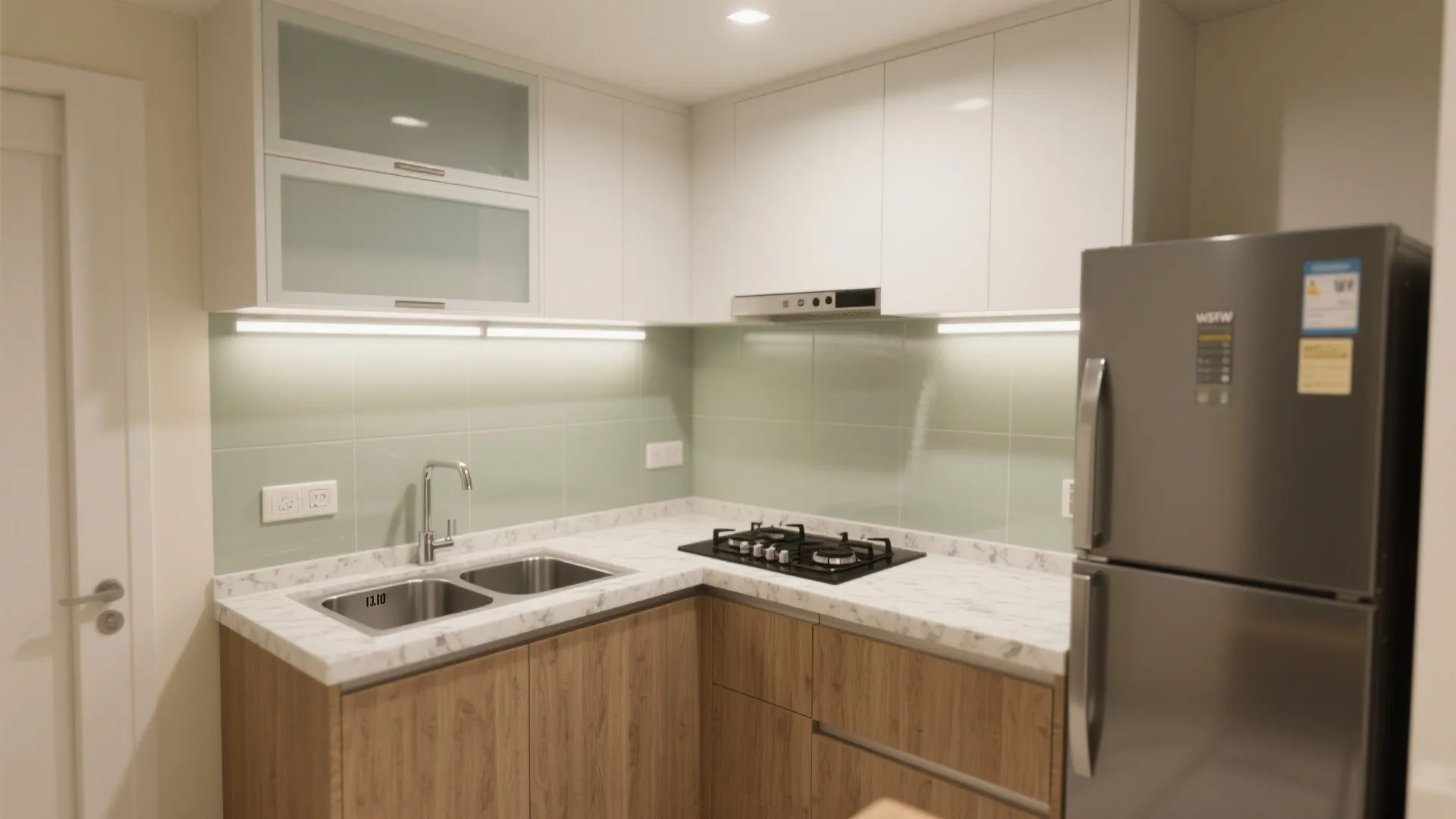 Modern L shaped kitchen with wooden lower cabinets white upper cabinets and a silver fridge